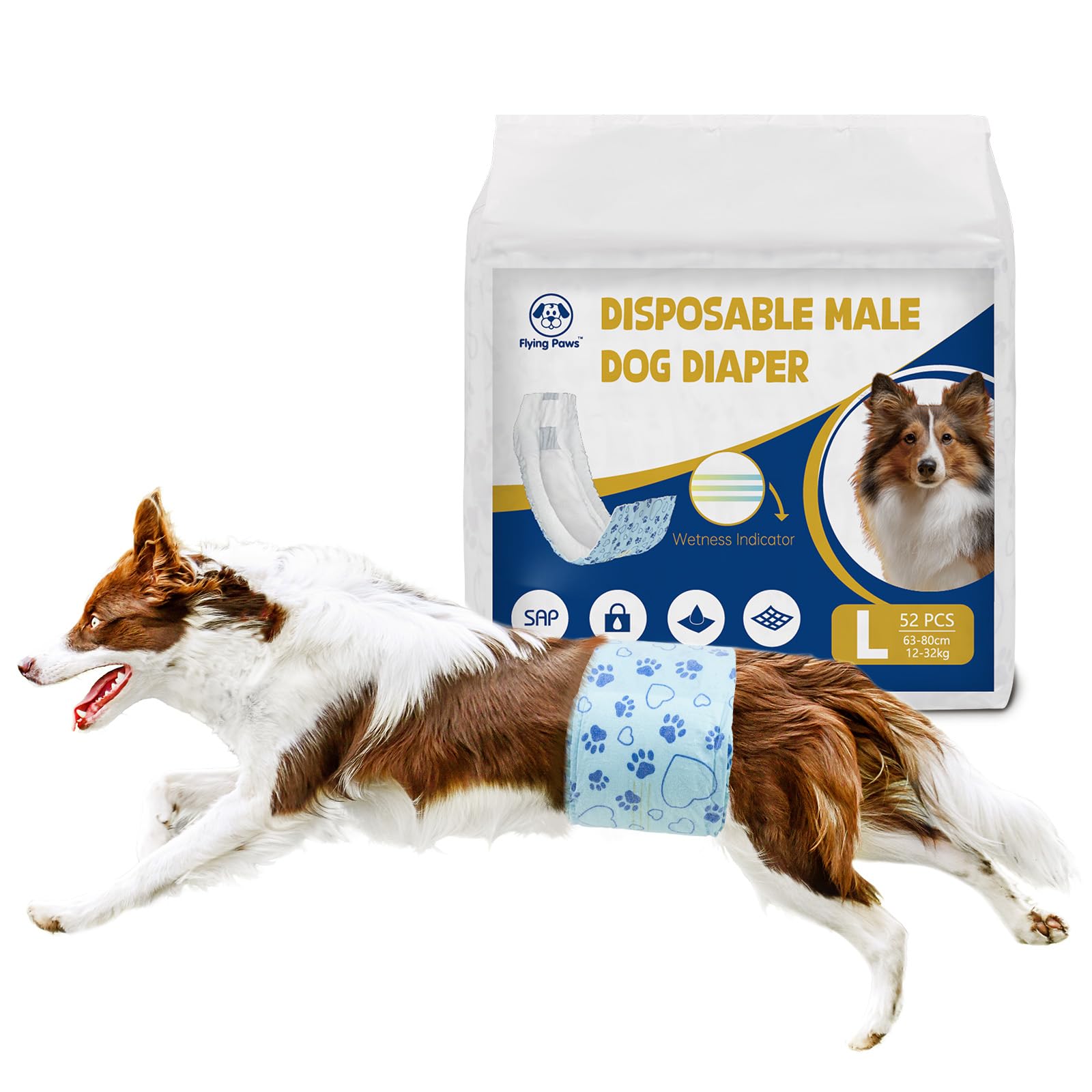 Flying Paws Dog Nappies Male 52 count L, Disposable Wetness Indicator Male Dog Diapers, Adjustable Super Absorbent Warps, Leak-Proof Belly Bands for Puppy Incontinence