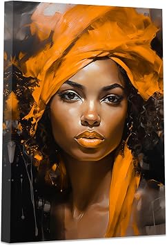 DOARTDO African American Canvas Wall Art Black Women Orange Hair Scarf Pictures Abstract Wall Paintings Black Girl Art Print Framed 20.00" x 30.00", Orange