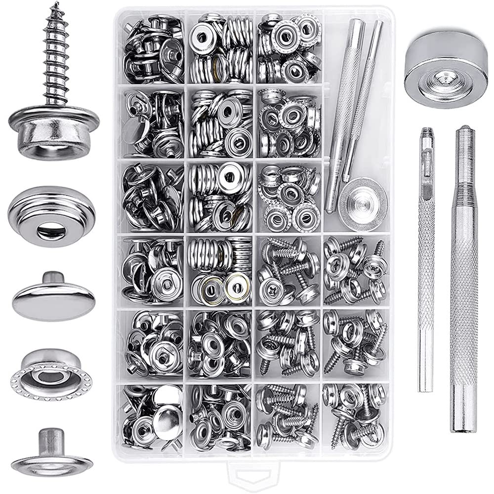 Funvalley Surperfect Sewing Snaps 323 Piece Canvas Snap Kit Stainless Steel Boat Canvas Snaps Caps, Sockets, Screws, Fabric Base Components DIY Punch and Setting Tools for Boat Cover Furniture