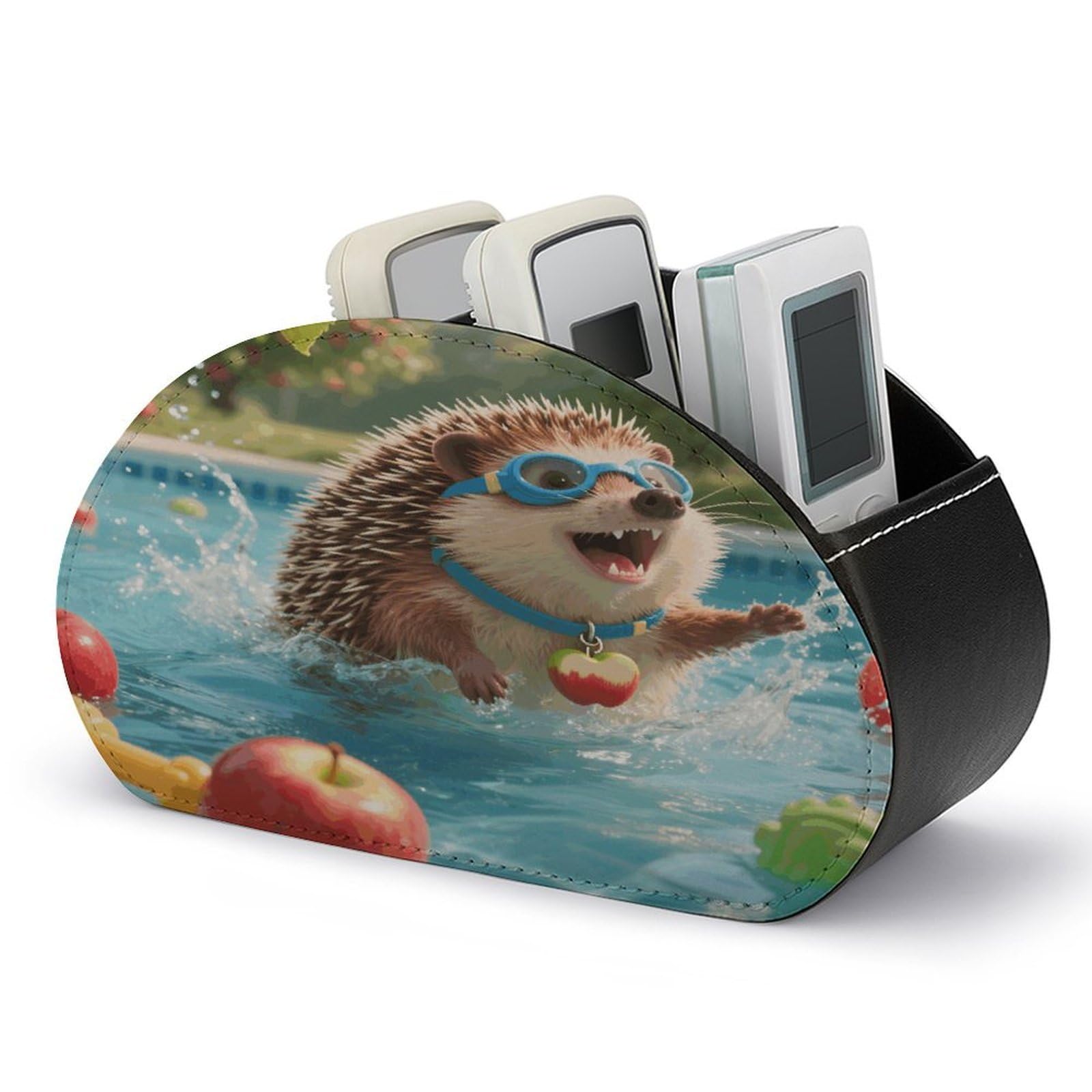 VstaDank Hedgehog Pool Dash Remote Control Holder PU Leather Multi-Functional Office Organizar Box Makeup Brush Holder Desk Storage with 5 Compartment TV Remote Media Player Box