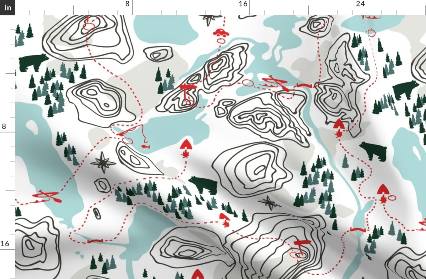 Spoonflower Fabric - Camping Map Hiking Bears Fishing Printed on Organic Cotton Sateen Fabric by The Yard - Sewing Quilting Apparel Home Decor