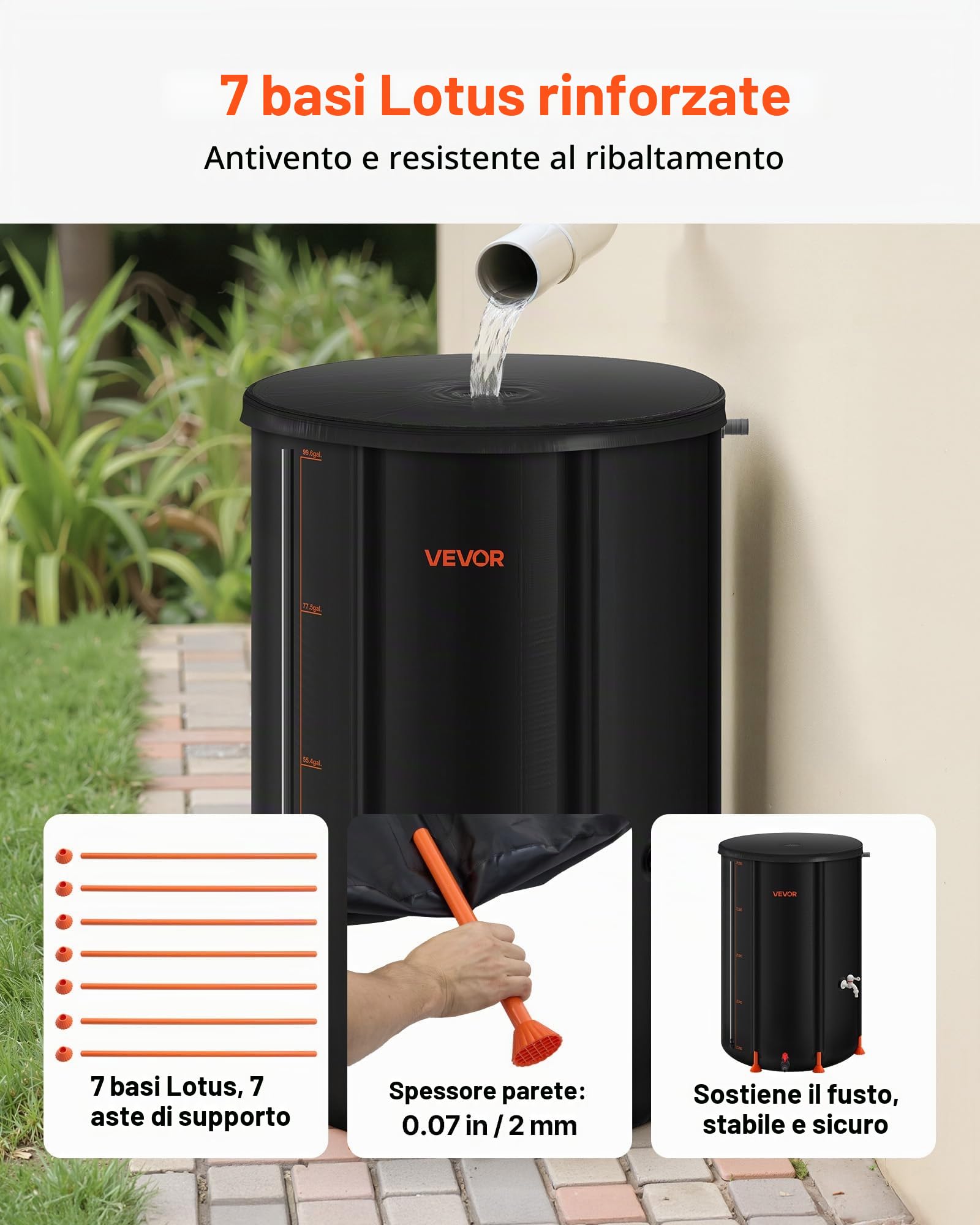 VEVOR Barile di Raccolta dell'Acqua Piovana Pieghevole, 380 L, Sistema di Raccolta dell'Acqua Piovana, Contenitore da Giardino con Rubinetto e Kit di Troppo Pieno e 7 Aste di Supporto, Nero