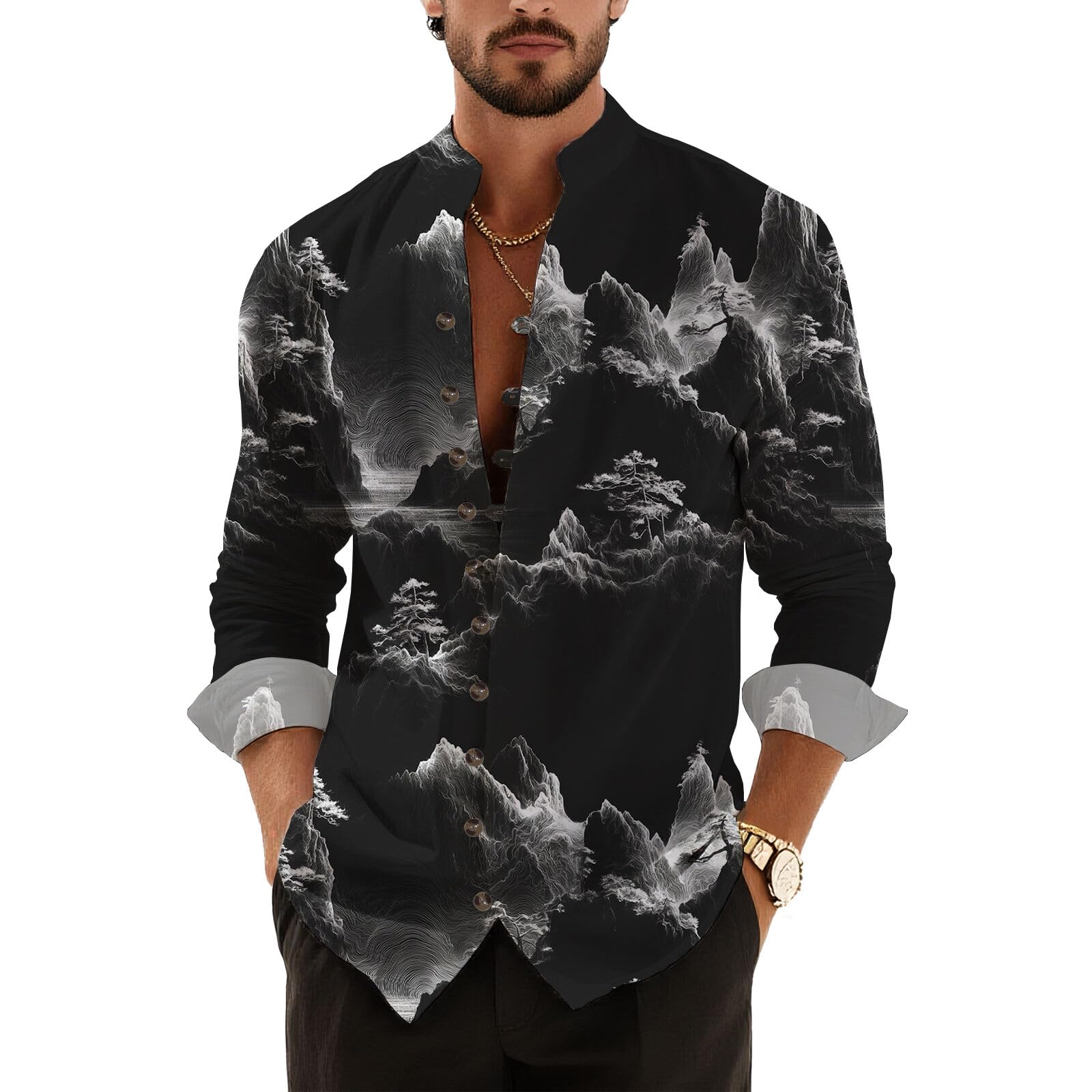 Mens Casual Long Sleeve V-Neck Button Down Henley Shirts Summer Vintage Print Loose Fit Beach Hawaiian Tops