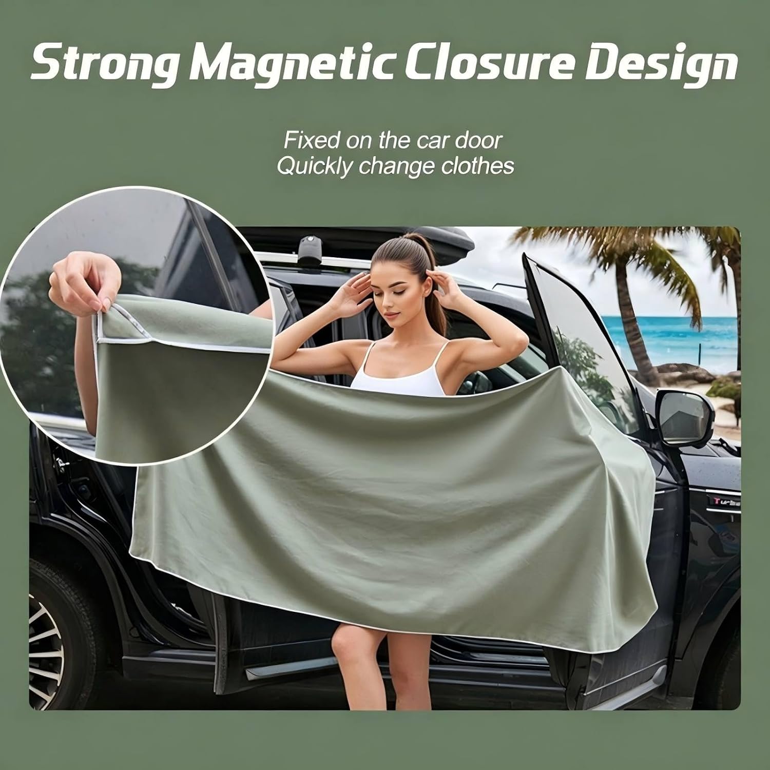 Tegeme 3 Pcs Magnetic Beach Towel Oversized 75"x30" Quick Dry Microfiber Bath Towel with Magnetic Closure Sand Resistant Absorbent for Beach Camping Pool Car Door Travel (Army Green,Taro Purple,Gray)