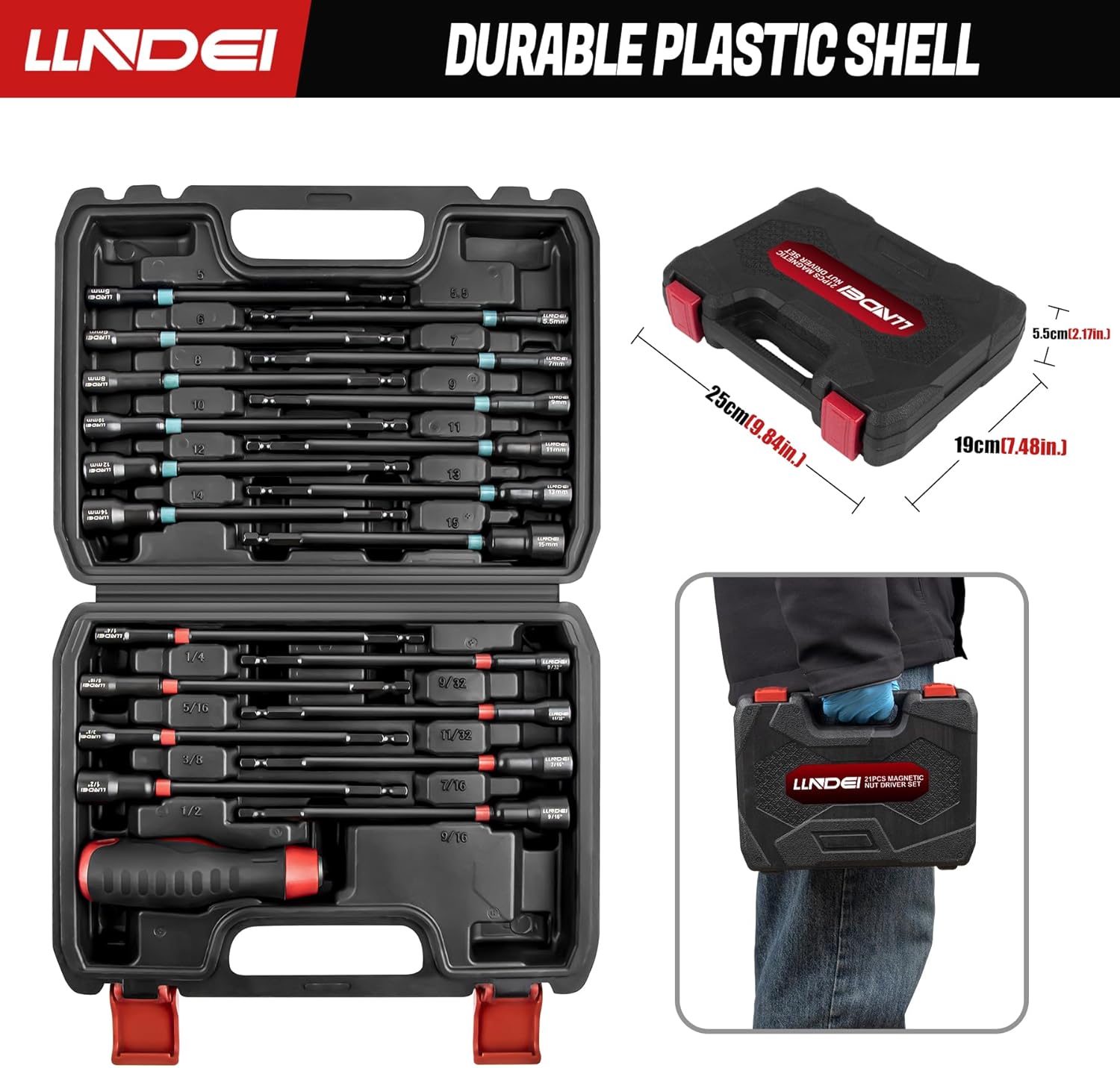 LLNDEI 21-Piece Magnetic Nut Driver Set - SAE (1/4" to 9/16") & Metric (5mm to 15mm) Nut Driver Set with Non-Slip Grip Handle - Upgrade Cr-V Magnetic Socket set for Secure Fastening in Tight Spaces