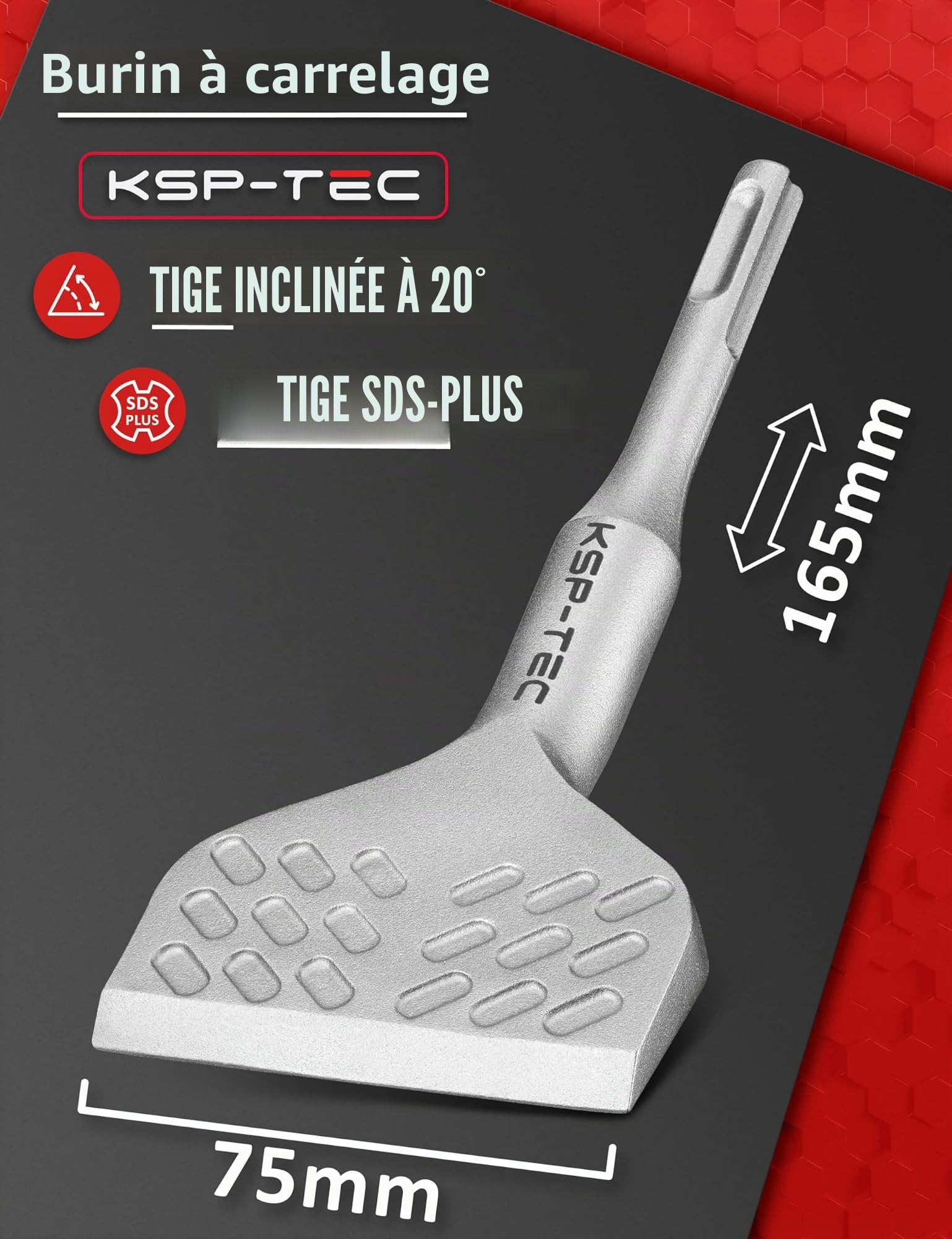 KSP-TEC - Burin à carrelage SDS Plus 75 mm x 165 mm coudé à 20° – Géométrie idéale pour enlever les carreaux et la colle à carrelage (burin SDS Plus)