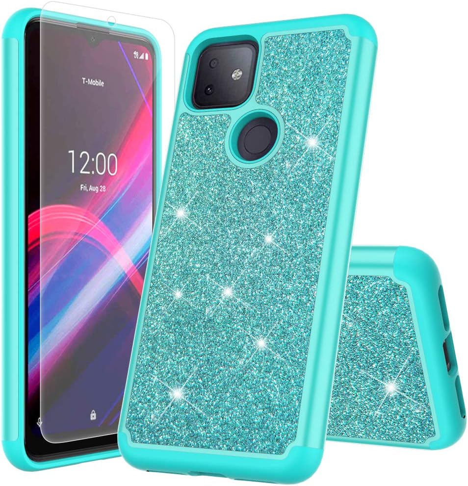 JACKPOT WIRELESS for T-Mobile Revvl 4 Plus Case T-Mobile Revvl 4+ Glitter Case with Screen Protector Sparkle Bling Shiny Diamond Rubber Hard Case Bumper Girl Women Protective Case (Teal)