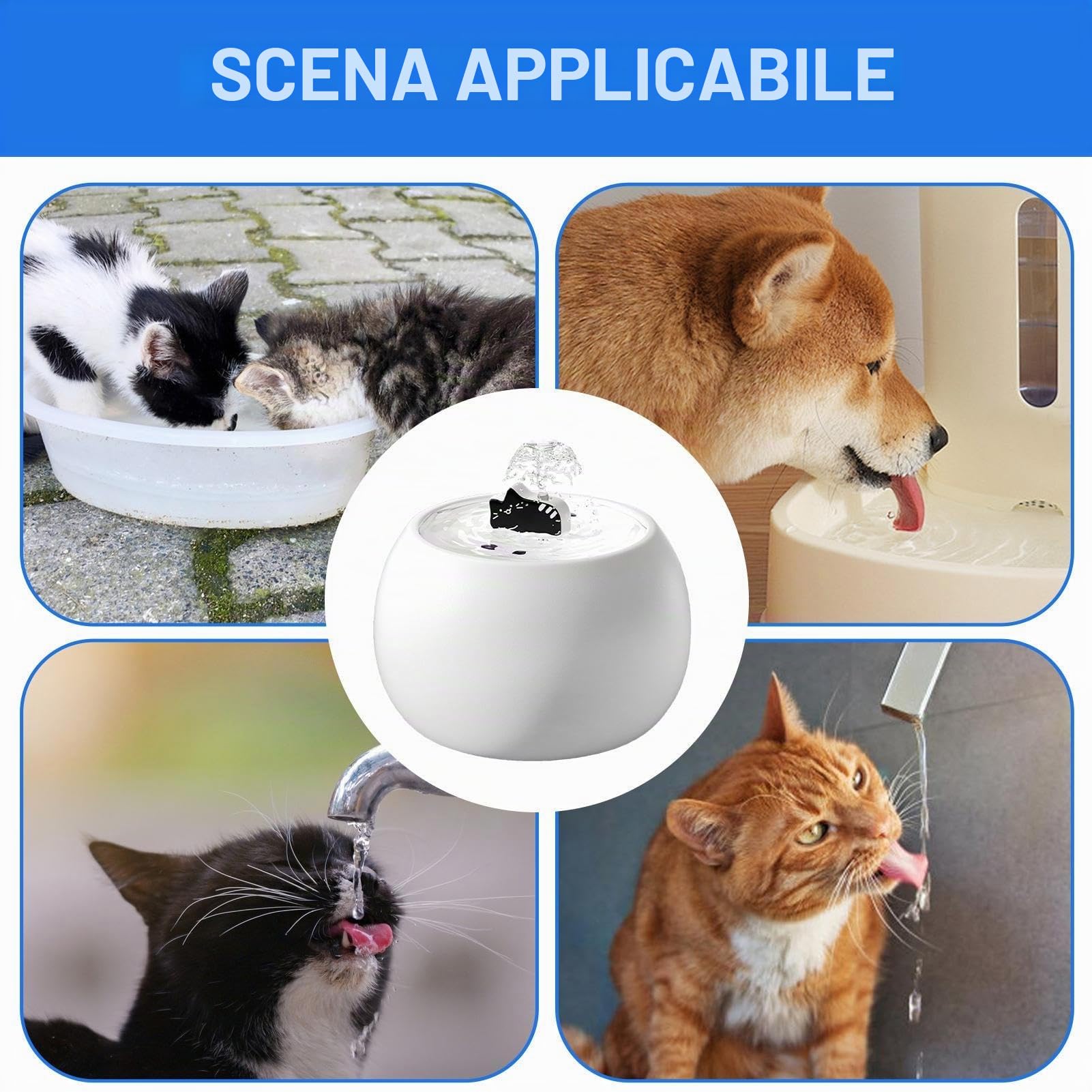 Fontana Acqua Per Gatti/Cani Ricaricabile USB-C, Filtro 5 Strati Con Sensore 3D, Serbatoio 1L, Ceramica Antigraffio - Idratante Automatico Per Interni/Esterni