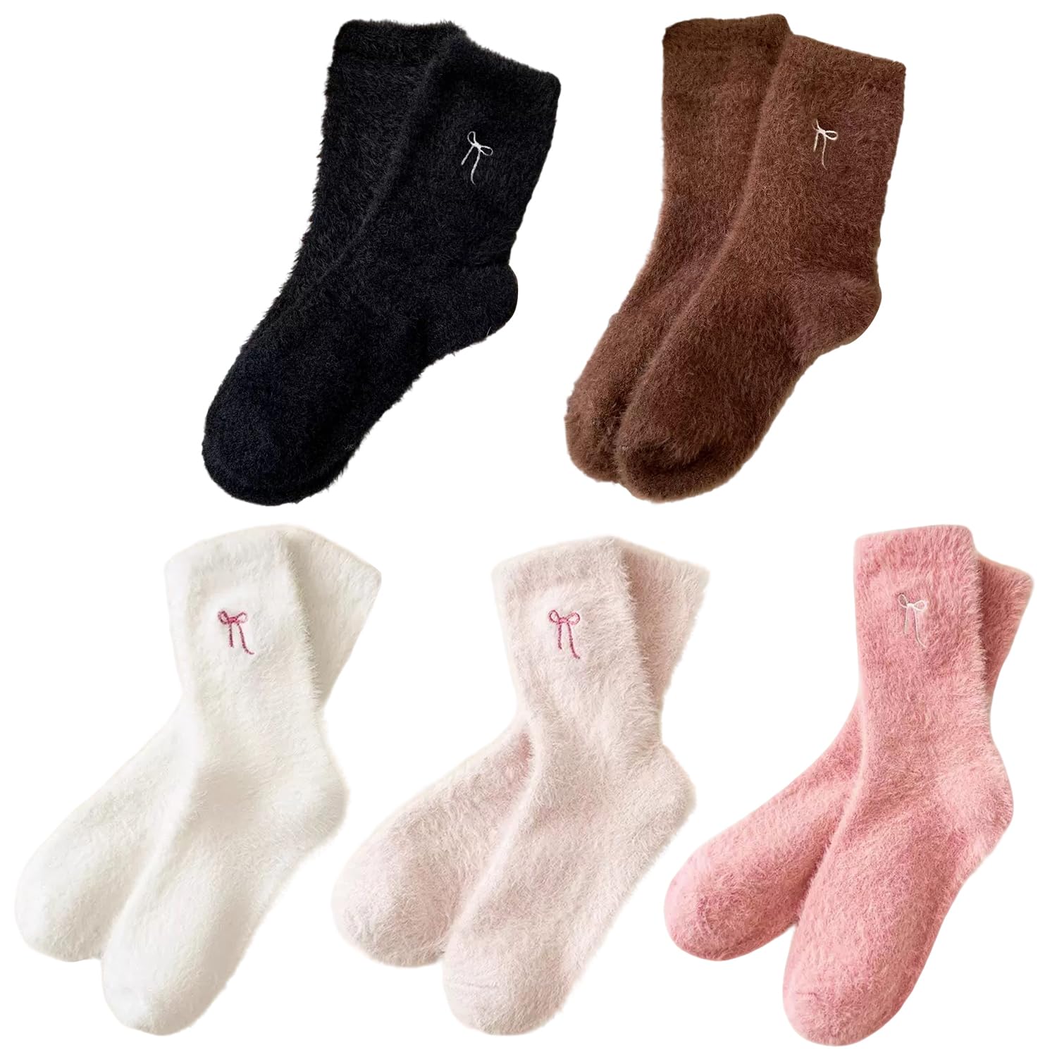 Arrderly Women's Colorful 5 Pairs Fluffy Cosy Socks For With Adorable Bow - Ultra-Soft Fuzzy Winter Warmth, Perfect As Cozy House Slipper Socks