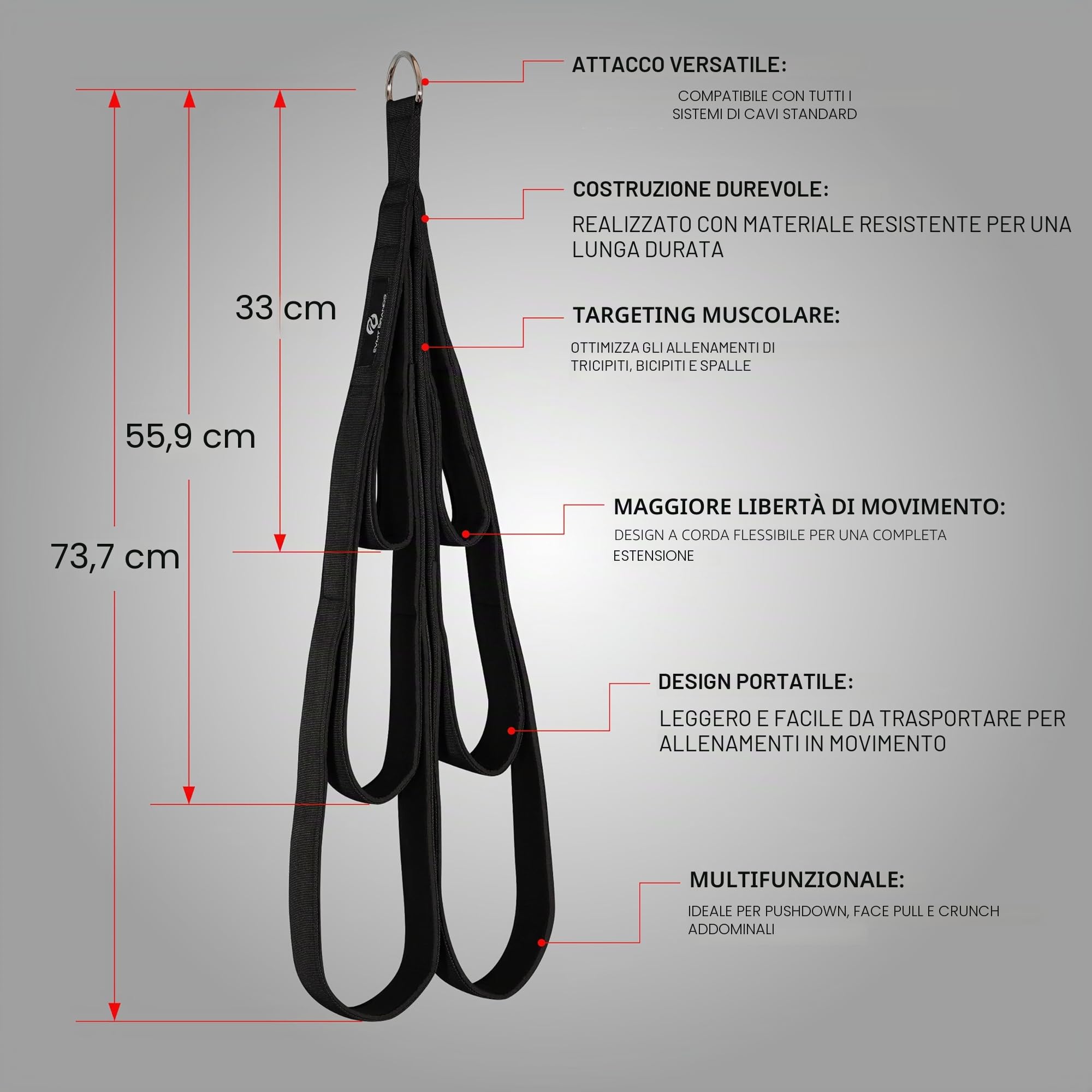EVMT Ultimate - Corda per tricipiti da 33cm, 56cm, 74cm Attrezzatura Versatile per Allenamento della Forza, Accessori per Cavi robusti, Accessorio per Il Fissaggio LAT Pulldown di casa e Palestra