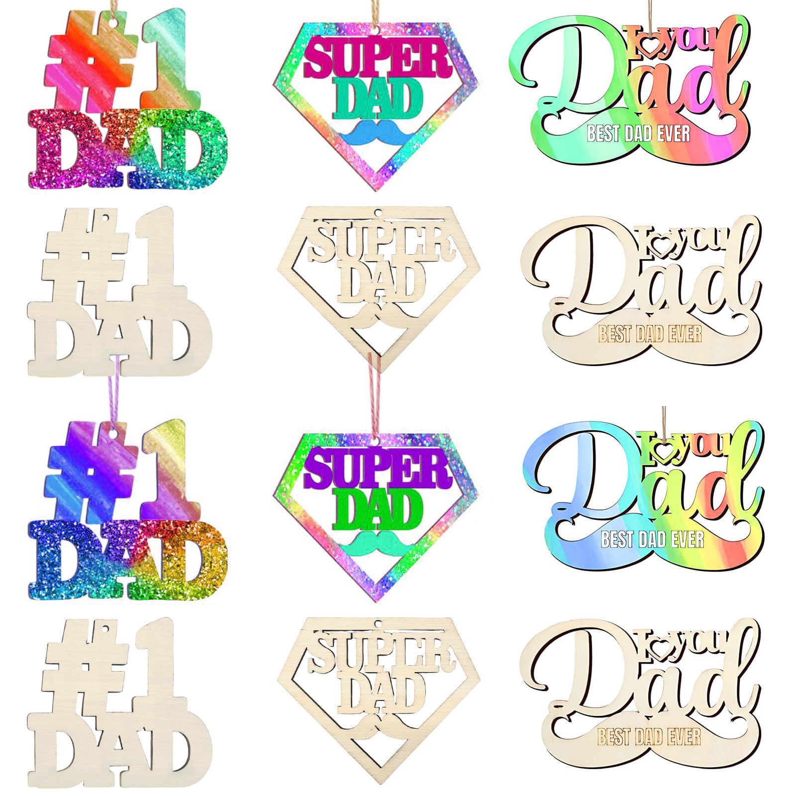 12 Pcs Happy Fathers Day Crafts for Kids- Father's Day Unfinished Wooden Crafts,Wooden Dad Ornaments Hanging Party Decorations,DIY Activities School Home Classroom for Father's Day Crafts Gift