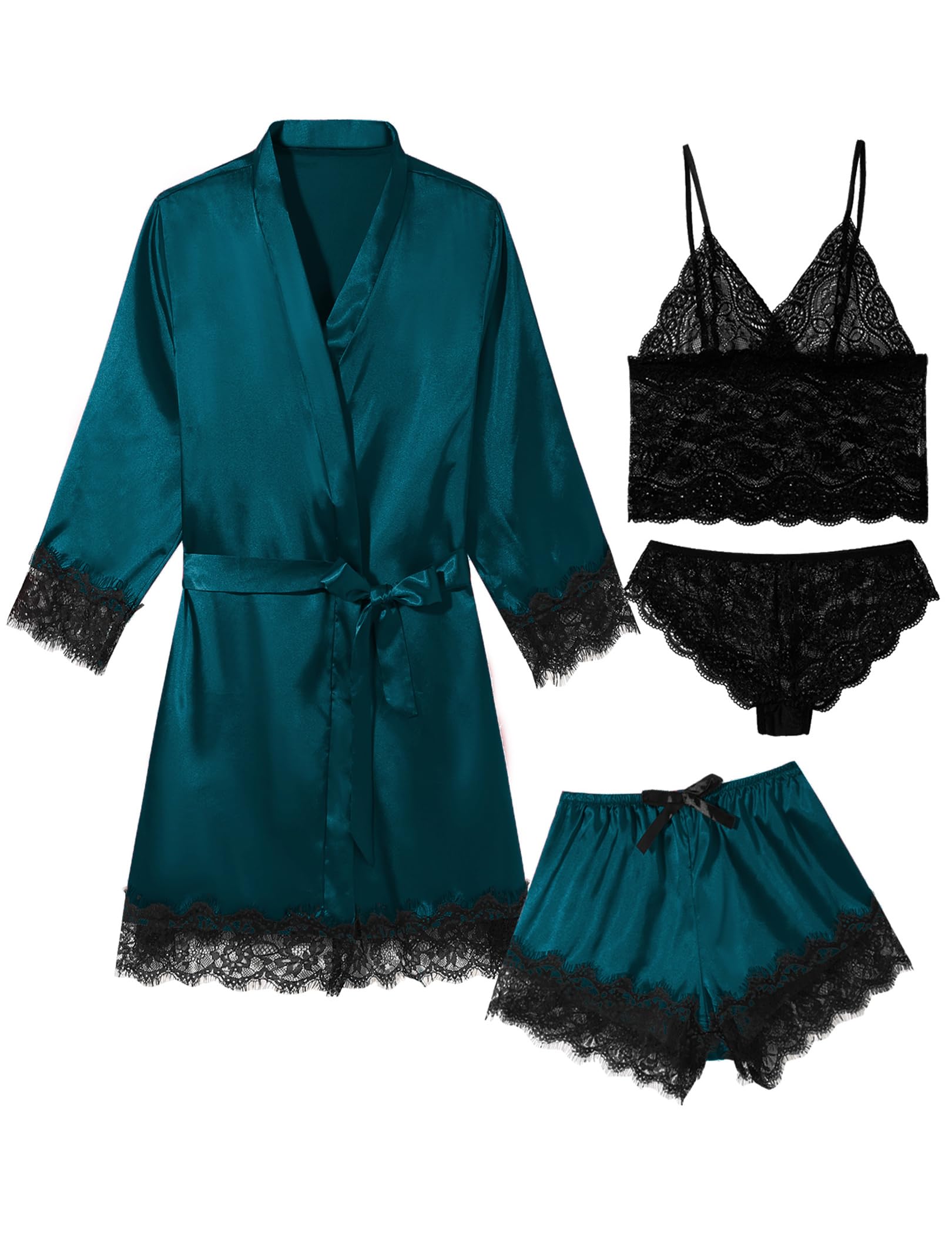 Sexy Pajama Set for Women Silk Lingeries 4 Piece Pjs Robes Set Satin Cami Shorts Sleepwear Lace Floral Loungewear