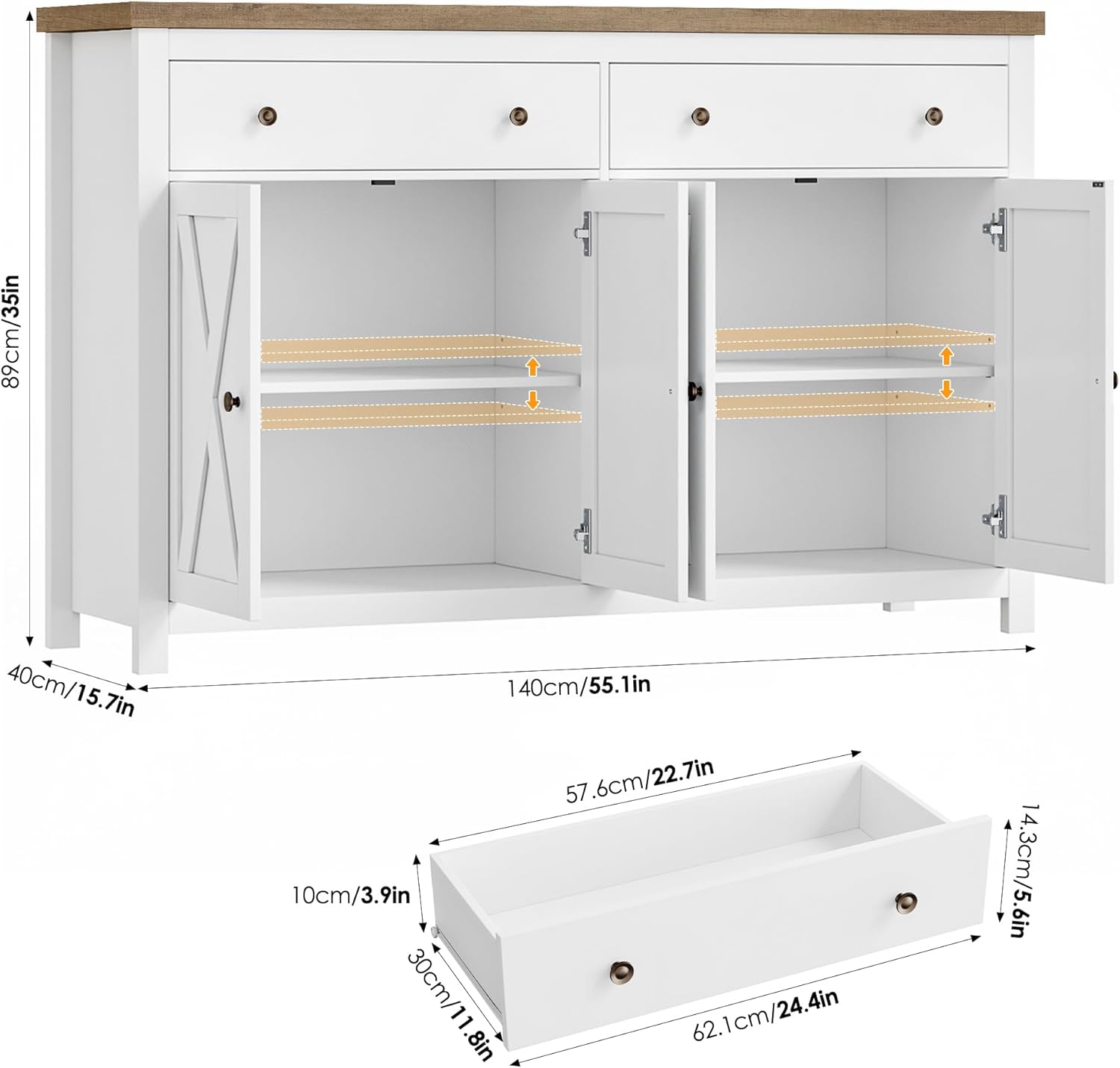 FOTOSOK Sideboard Buffet Cabinet with Storage, 55" Large Kitchen Storage Cabinet with 2 Drawers and 4 Doors, Wood Coffee Bar Buffet Table Console Table for Kitchen Dining Room, White