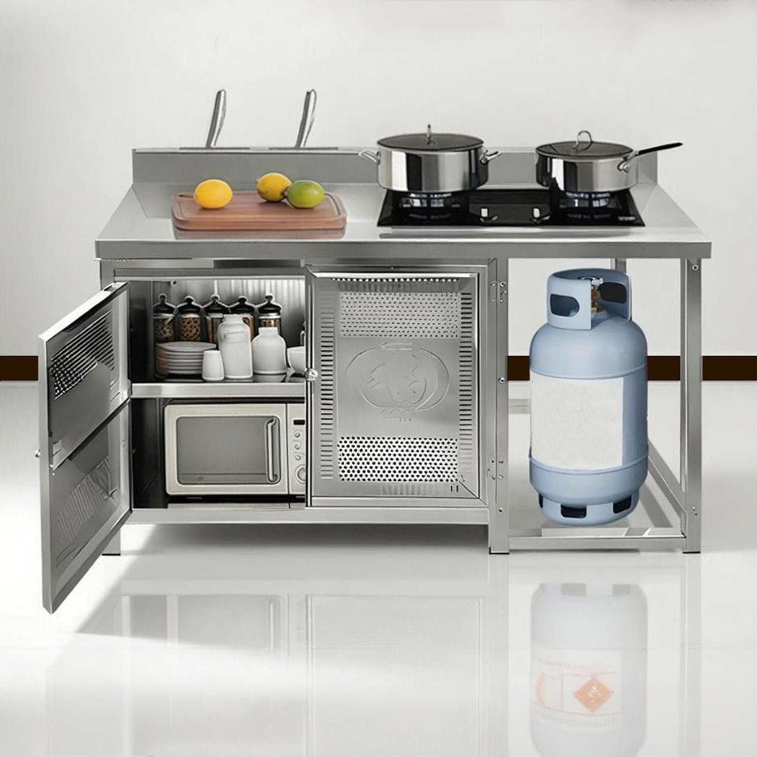 Double Door Stainless Steel Workbench Vertical Kitchen Shelf Table Water Blocking Backboard Design for Food Preparation Platform Gas Can Storage Rack Easy yo Install(110cm/43.3”)