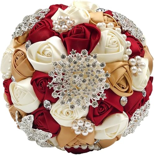Miniatura 6 de Abbie Home Ramo de boda de novia de 8 pulgadas en color burdeos, rosas de satén blanco con perlas, broches de diamantes de imitación accesorios