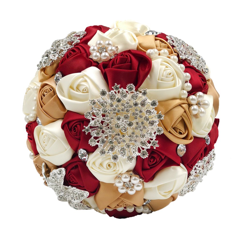 Abbie HomeAdvanced Customization Romantic Bride Wedding Holding Toss Bouquet Rose with Pearls and Rhinestone Decorative brooches Accessories-Multi Color Selection Red