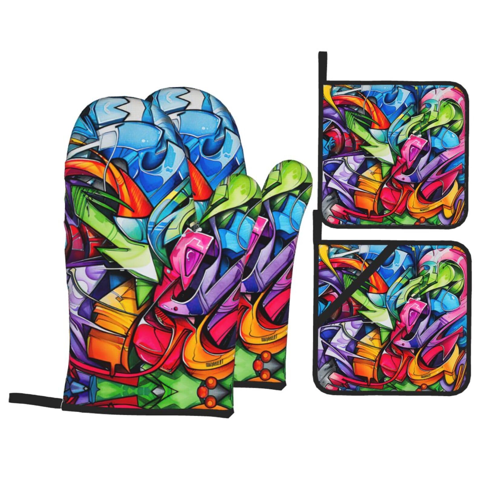 Graffiti Drawing Print Stylish 4-Piece Microwaving Oven Waterproof Kitchen Gloves Baking Holiday Cooking