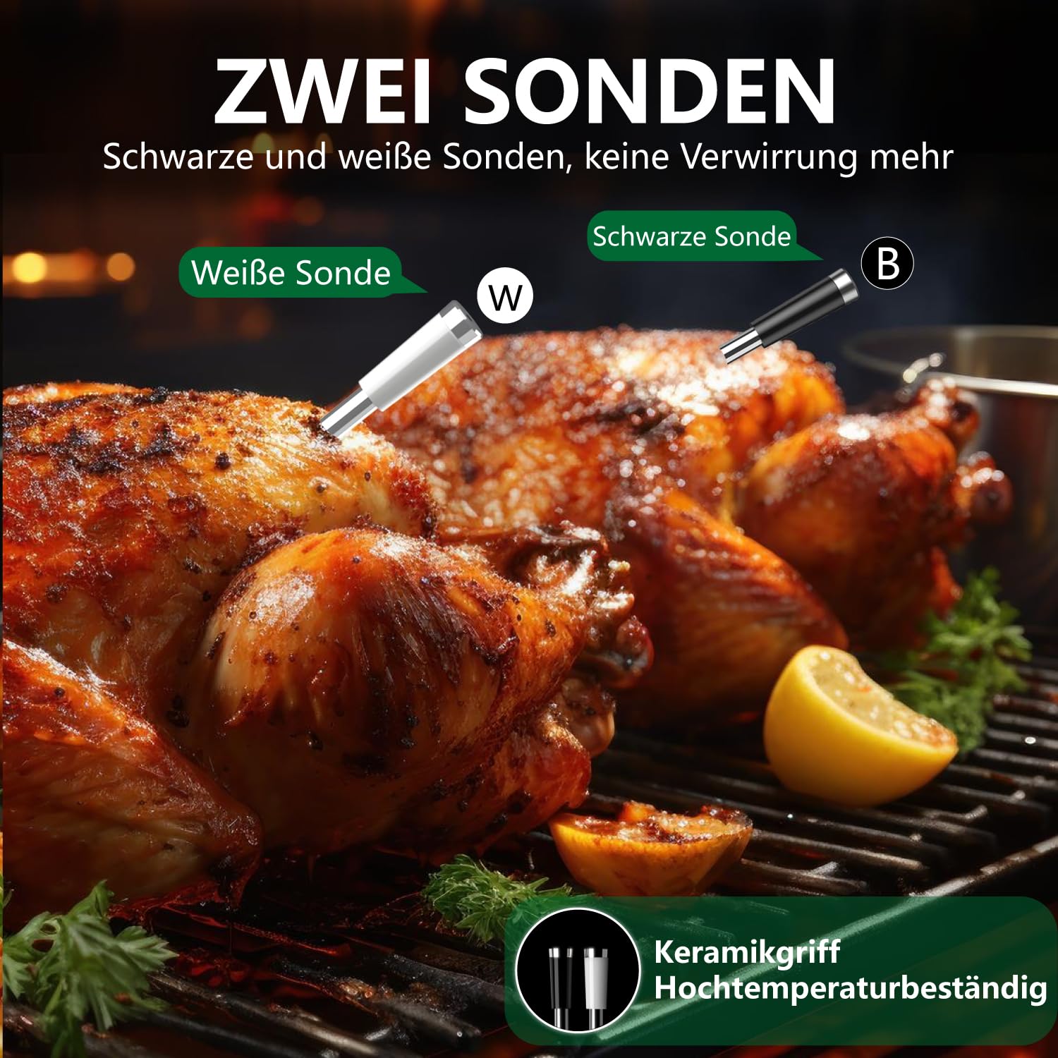 BF-40 Fleischthermometer kabellos mit 2 Sonden, LCD-Display, App-Steuerung, IP67 Wasserdicht, Bluetooth Grillthermometer für Grill, Raucher, Backofen, Küche, Bratenthermometer