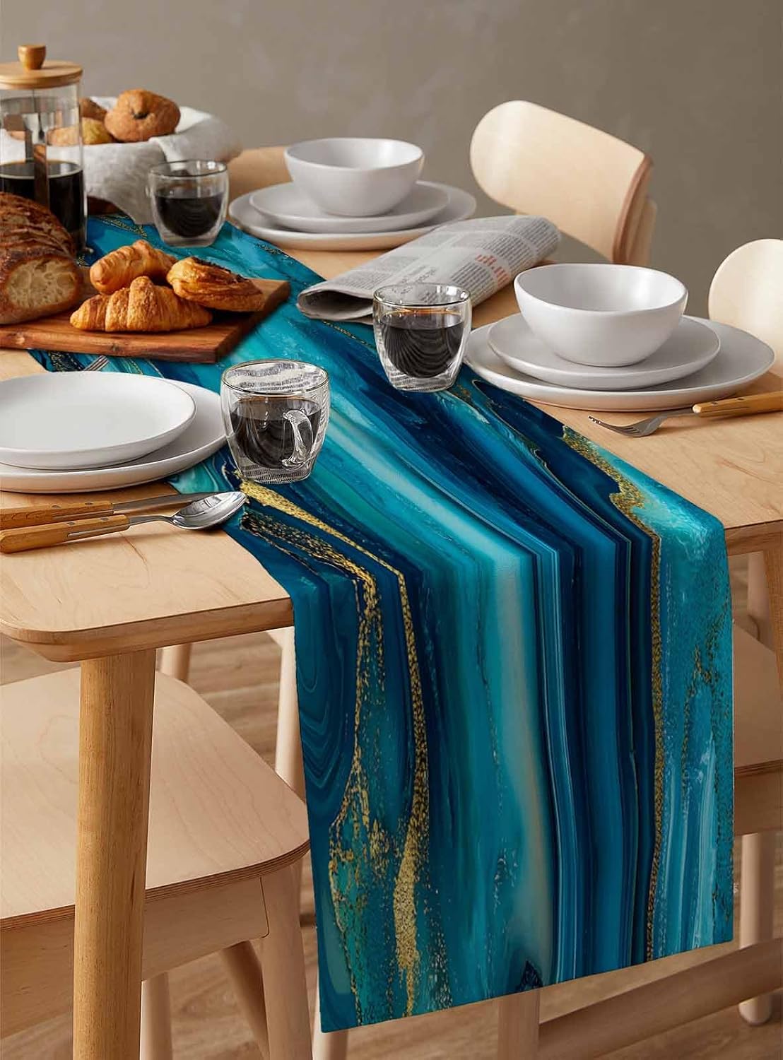 Teal Blue Marble Table Runner - 120 Inch Long Ink Painting Modern Abstract Yellow Cotton and Linen Blended Dress Scarves Farmhouse Table Runner for Kitchen Dining, Coffee Table, 13" x 120"
