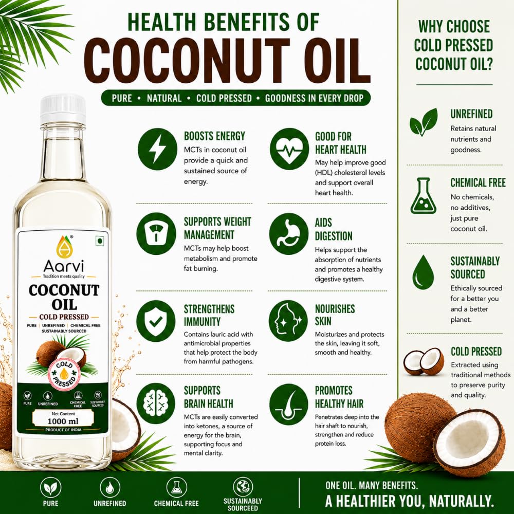 AARVI Cold Pressed Coconut Oil 1 Litre | 100% Pure & Unrefined | Cold Pressed | Edible Cooking Oil | Chemical Free | Natural Coconut Oil for Cooking & Baking 3