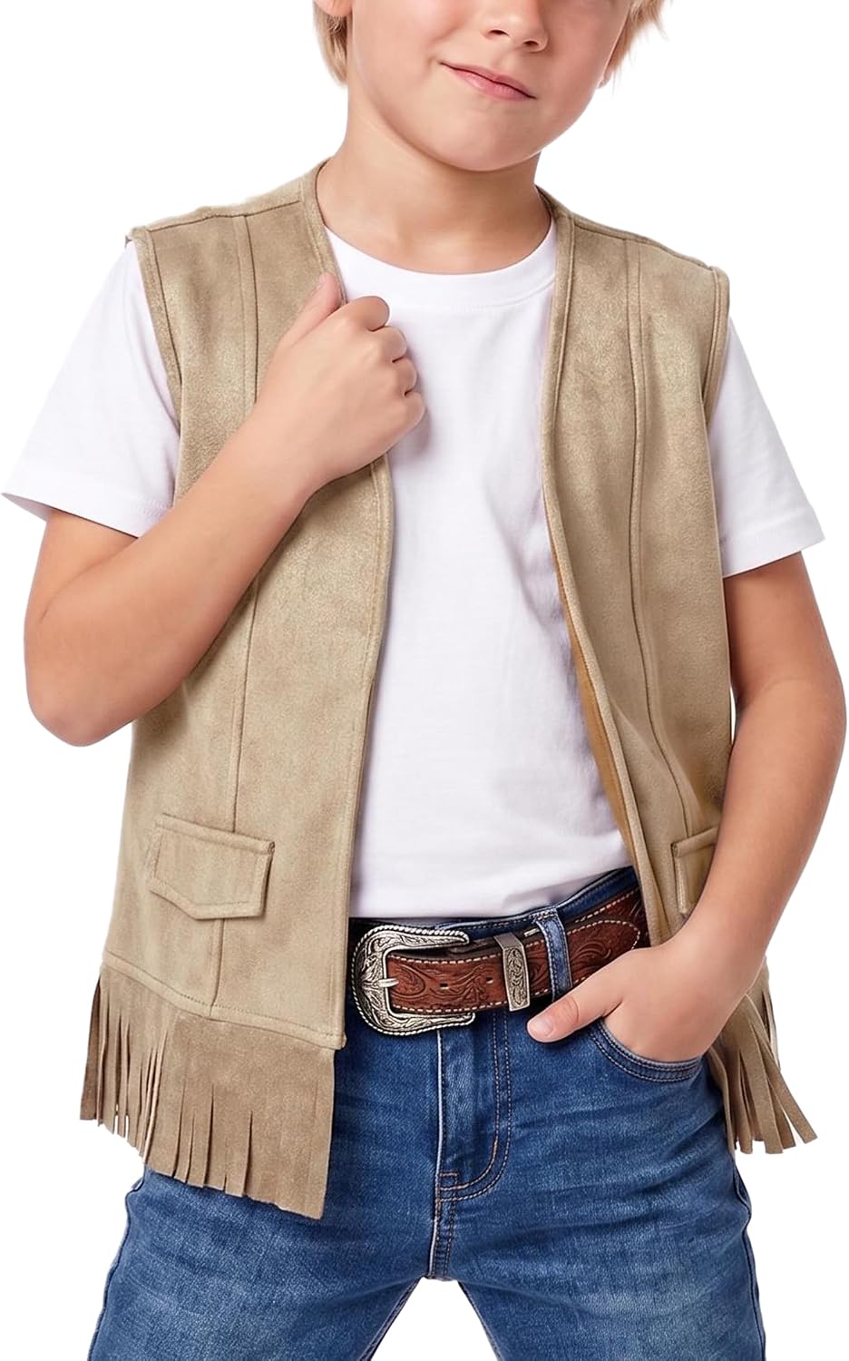 Yesfashion Boys Western Suede Fringe Vest Cowboy Style Sleeveless Open Front Vest 4-13Y