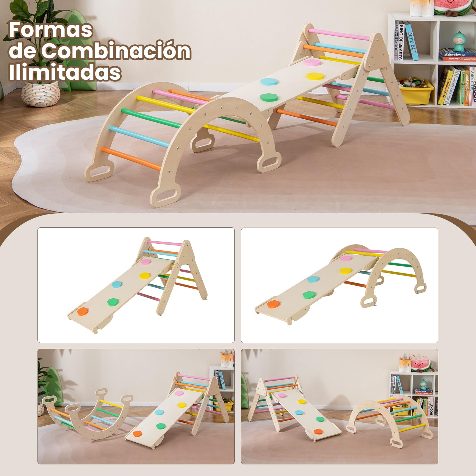 RELAX4LIFE 5 en 1 Triángulo de Escalada para Niños con Tobogán, Arco de Escalada, Escalera, Rampa Reversible, Juguetes Montessori de Madera de Haya para Niños de 1+ Años (Colorido)