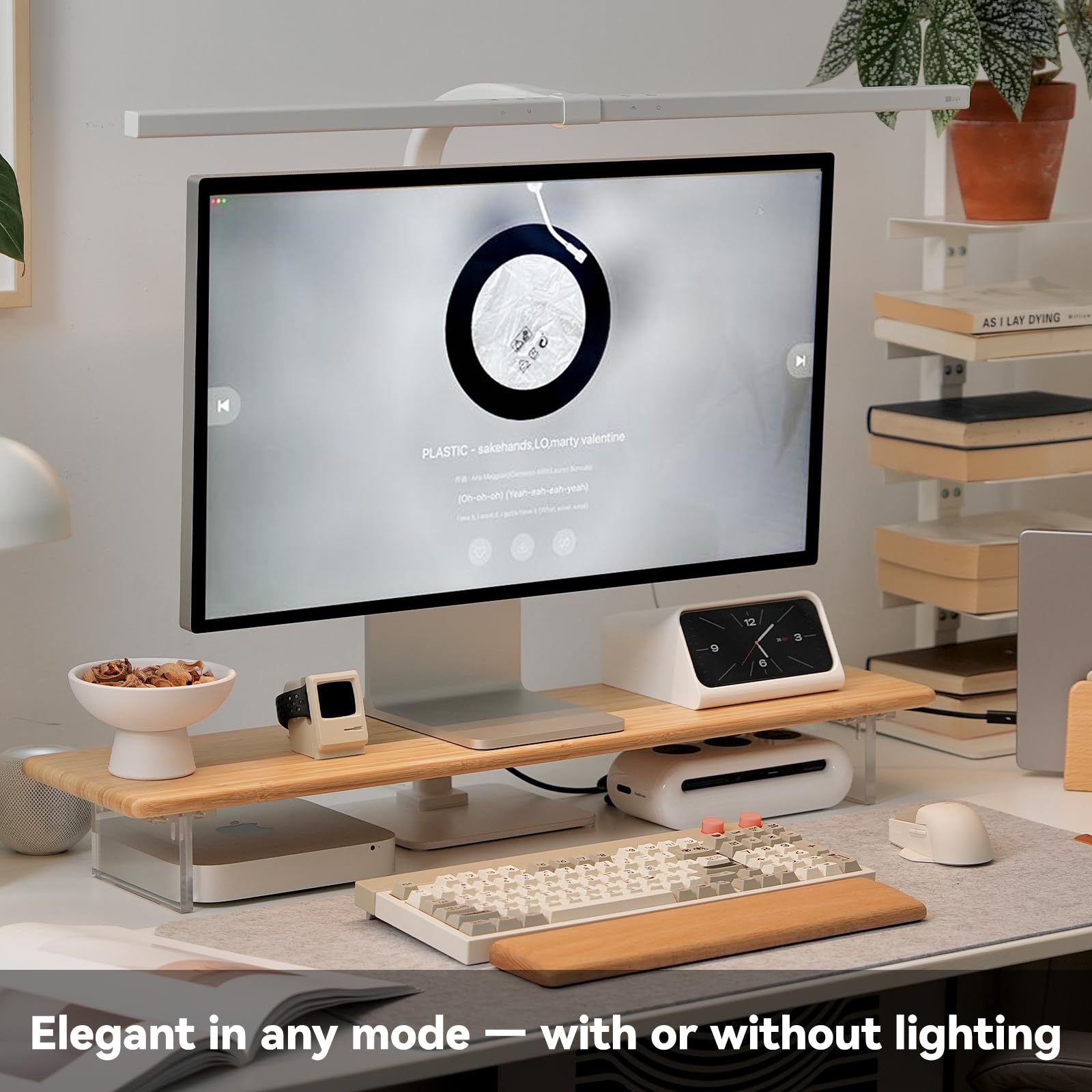 Supporto per monitor in bambù, mensola da scrivania con gambe in acrilico e luci RGB | 31,5 pollici di larghezza, 3,3 pollici di spazio, adatto per monitor, laptop, stampante e altoparlanti per piccole scrivanie