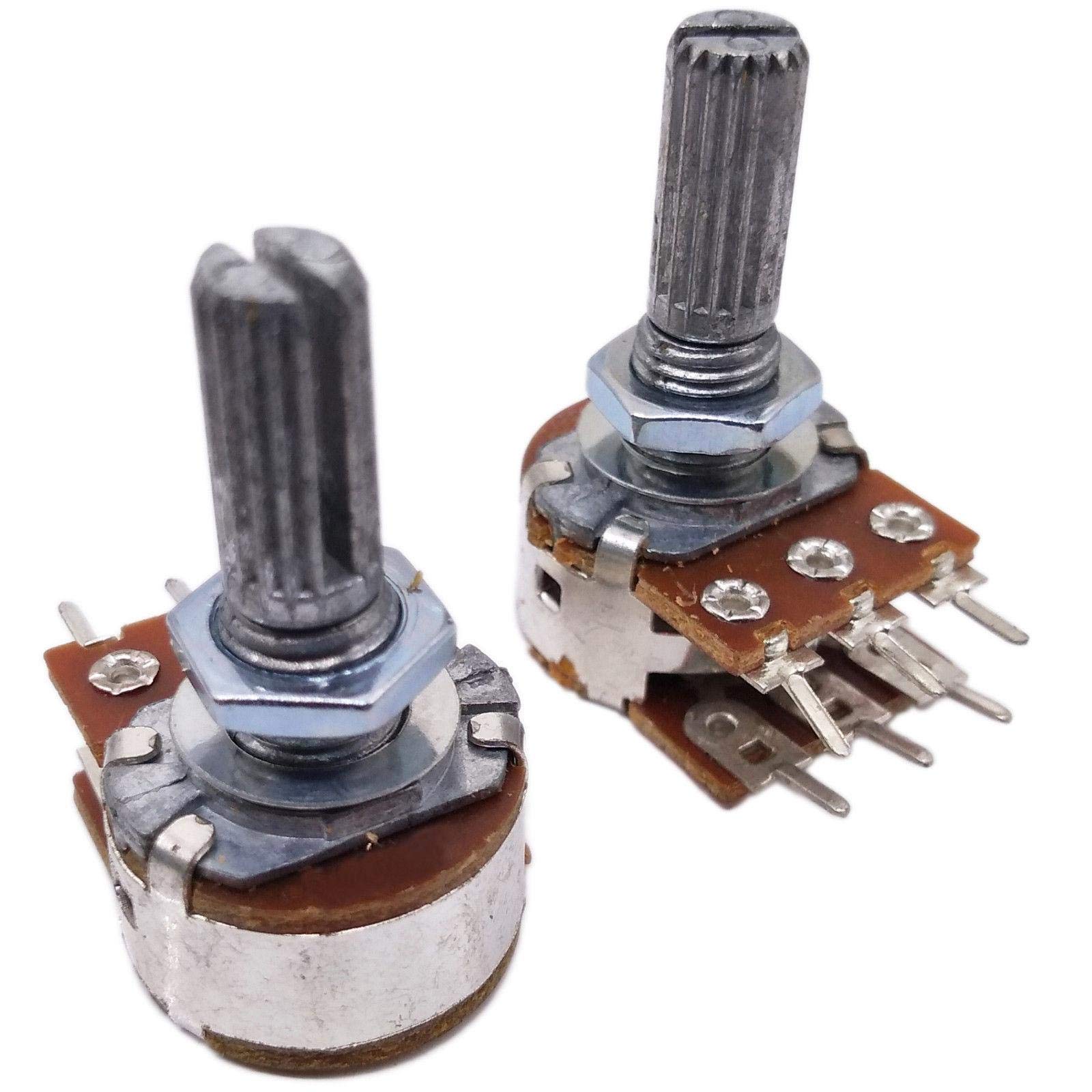 5-Pack B10K Dual Stereo Potentiometer Pots - 6 Pin, 16mm Shaft Split Shaft For Audio/Electronic Projects