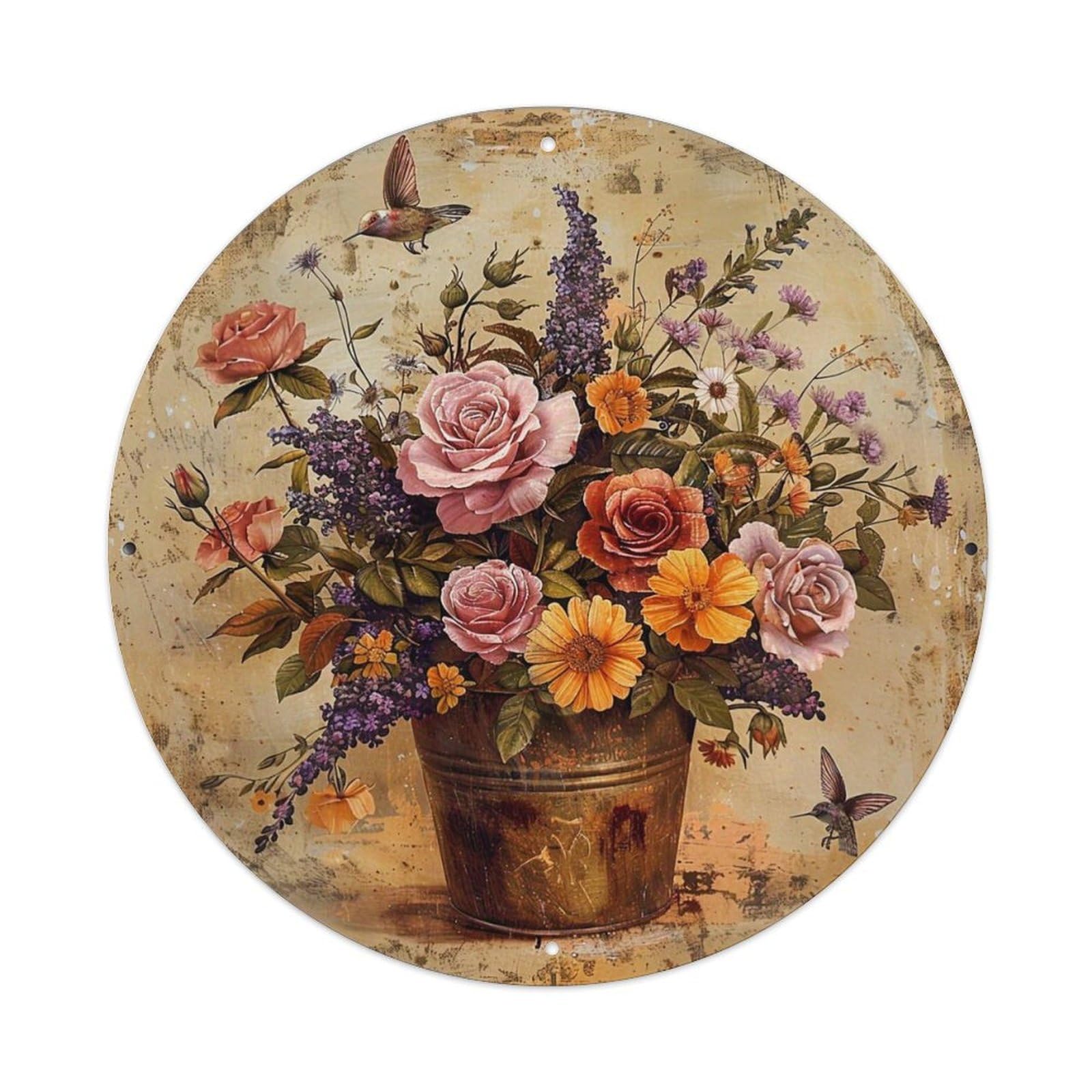 Floral Arrangement With Birds And Roses Retro Metal Sign Round Tin Sign, Vintage Decor Art Poster for Bar, Home, Man Cave, Kitchen, Laundry Room Gift 8x8Inch