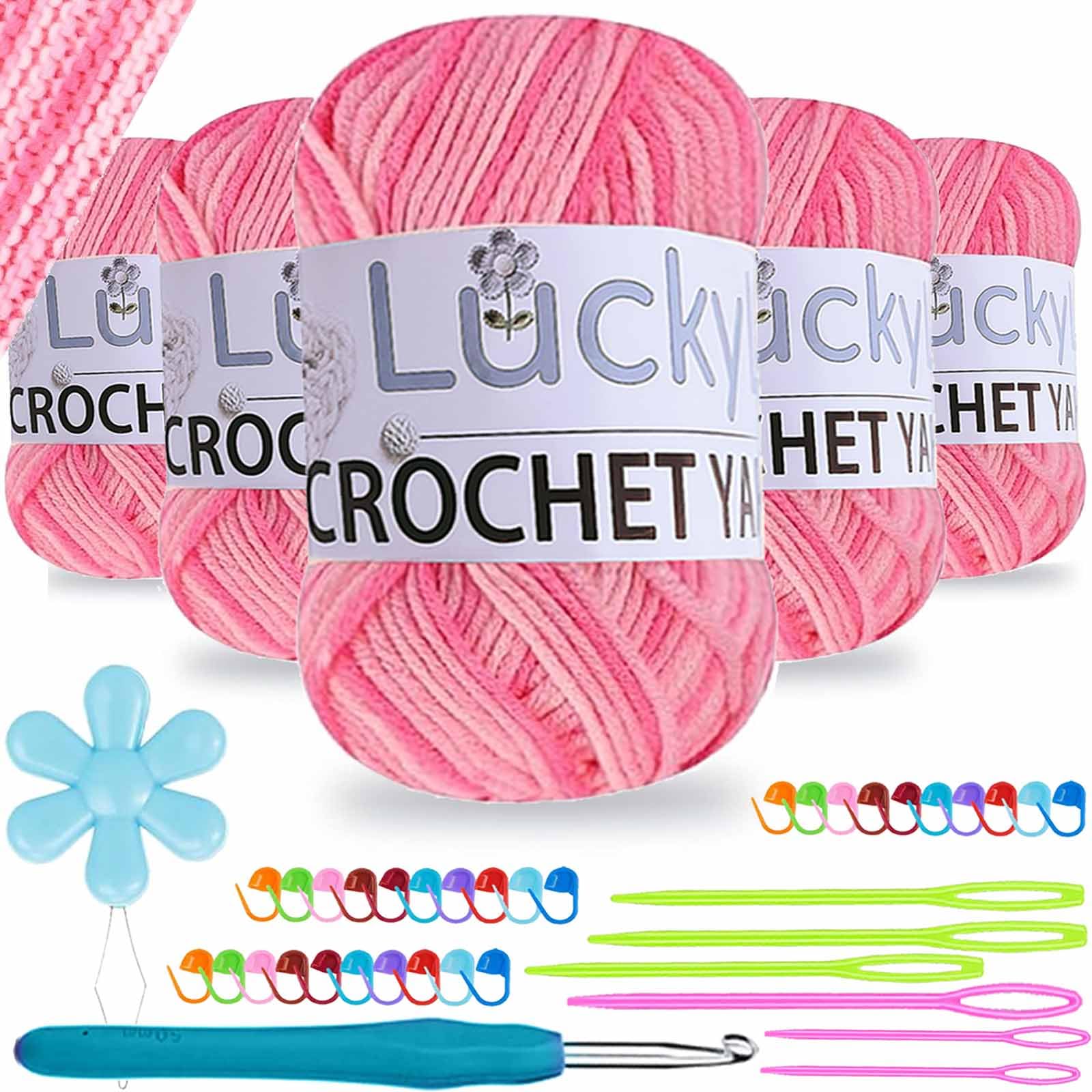 Crochet Yarn Double Knitting Wool (6X50g), Multicoloured Acrylic Yarn Crochet Wool with Aluminum Crochet Hooks Stitch Markers for DIY Craft Blankets Socks Dolls (Pink White Ombre)
