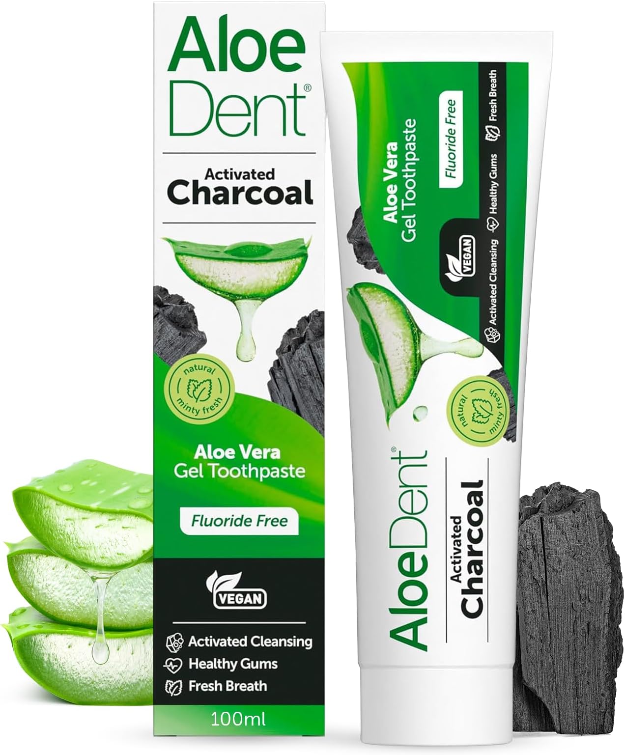 Aloe Dent Charcoal Toothpaste Fluoride Free, Natural Action, Vegan, Cruelty Free , SLS Free, Whitening, Healthy Gums , 100 ml