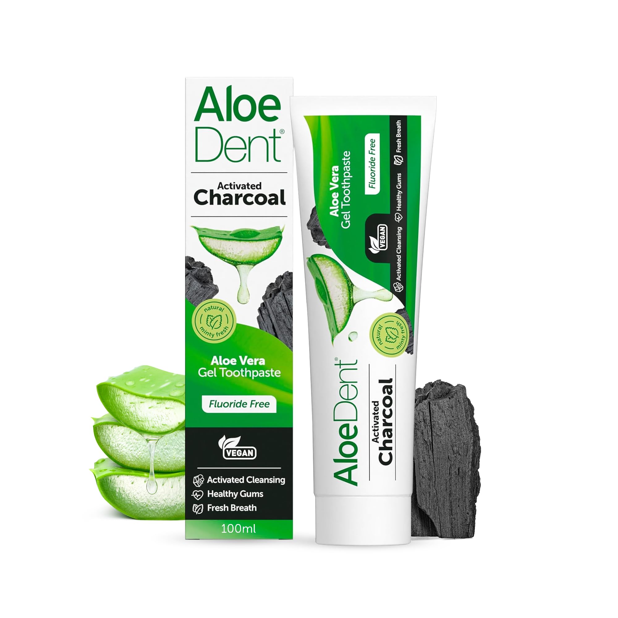 Aloe Dent Charcoal Toothpaste Fluoride Free, Natural Action, Vegan, Cruelty Free , SLS Free, Whitening, Healthy Gums , 100 ml