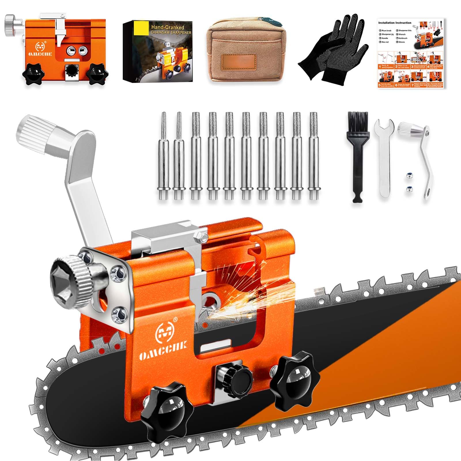 Universal Chainsaw Sharpener Jig with Carry Bag, Chain Saw Sharpener Tool with 10 Sharpening Steels, Chainsaw Cchain Sharpener, Portable Hand-Crank Chainsaw Sharpening Kit for 4-22" Saw Chain