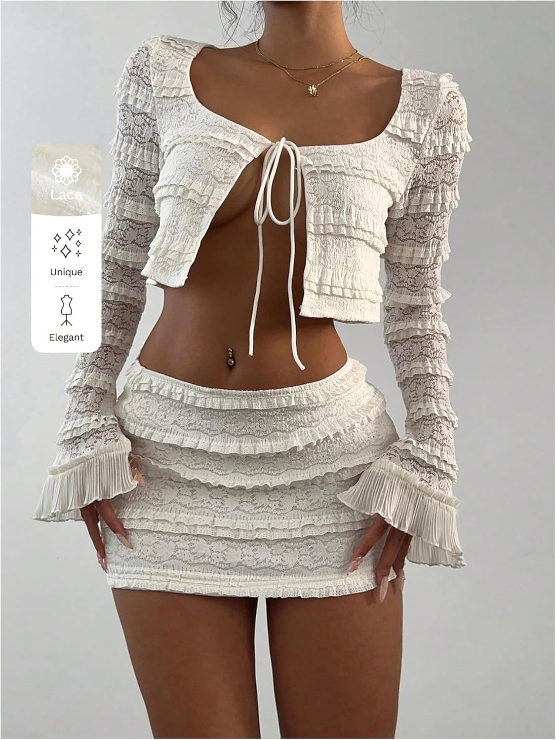 SHENHE Women's Y2k Lace Open Front Tie Up Top Long Sleeve Frilly Sexy Going Out Crop Shirt - Image 6