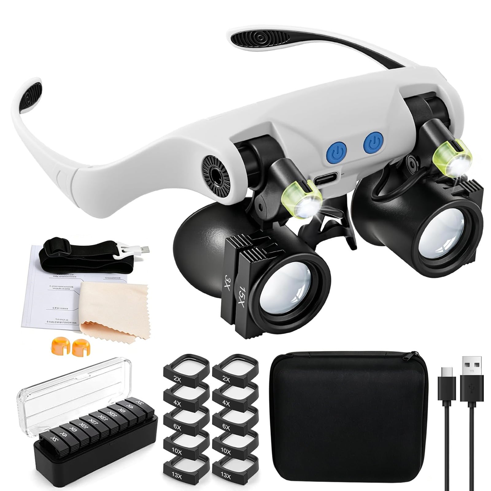 LZEXIN Magnifying Glasses with 2 LED Lights, Headband Magnifier with 5 Pairs Interchangeable Lens (2X 4X 6X 10X 13X), Combinable Magnification Levels for Diamond Paint, Watch Repair, Jewelry, Crafts
