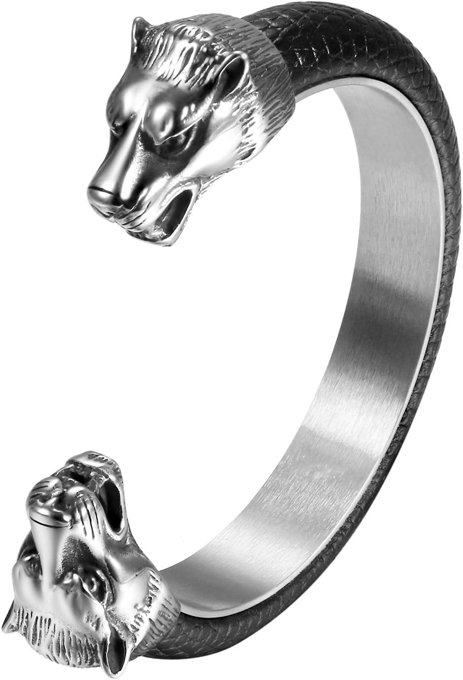 Cupimatch Mens Adjustable Wolf Head Bracelet, Stainless Steel Open Cuff Bangle Inlaid with Black Leather 8.6 inch