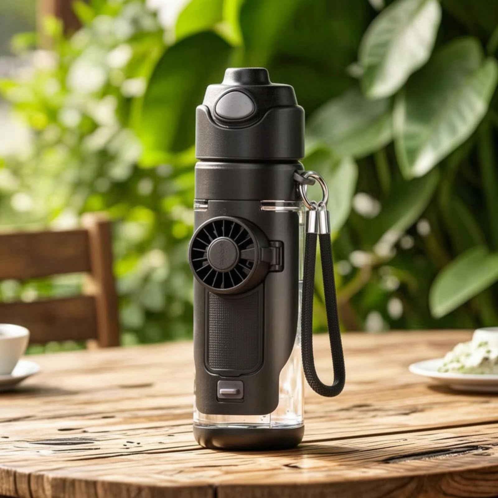 Portable Cooling Bottle Botella Térmica Vaso Cantimplora con Ventilador Tapa Doble de Consumo Correas de Mano y Hombro Adecuado para Verano Oficina Gimnasio Excursiones, Negro