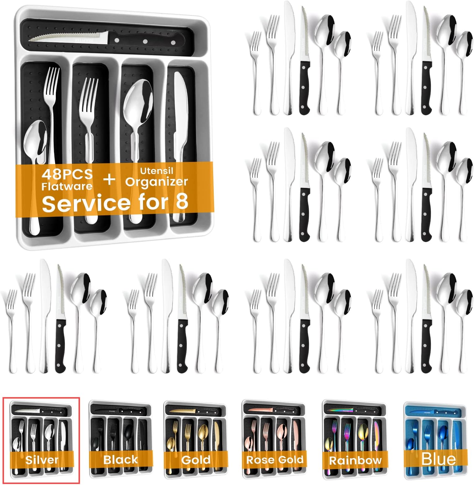KITWARE 48 Pieces Flatware Set with Drawer Organizer for 8, Sterling Silverware Set with Tray, Stainless Steel Cutlery Set, Kitchen Utensil Tableware Set for Home Restaurant hotel, Dishwasher Safe