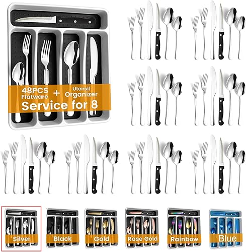 Kitware Juego de cubiertos de 48 piezas con organizador de cajones para 8 juego de cubiertos de ley con bandeja juego de cubiertos de acero