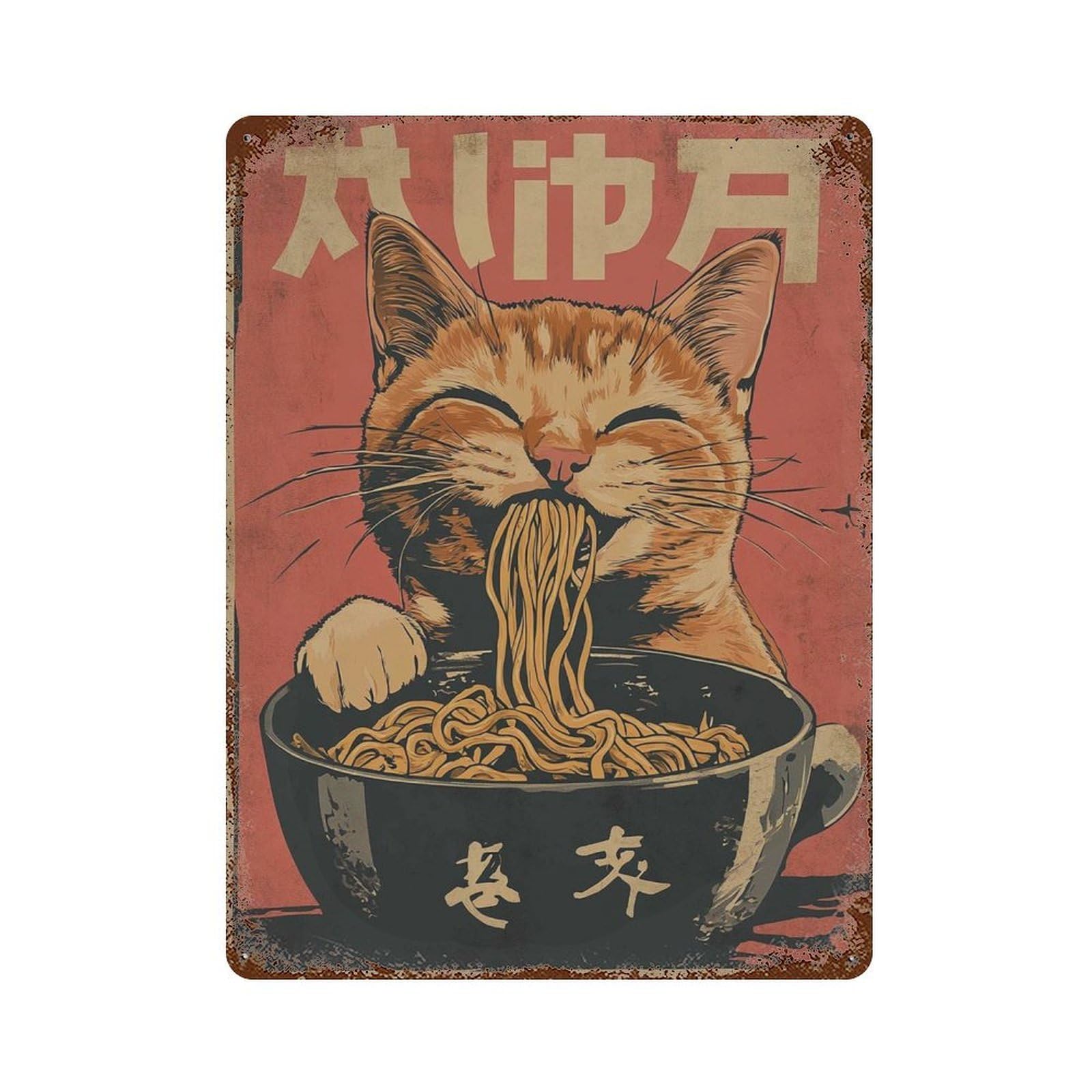 xiaoxiaoshen Cat Eating Noodles – Cute Kitten with Ramen Japanese Wall Decor Art Metal Tin Poster Modern Home Decor Art Home Bar Shop Decorations Vintage Sign 40x30cm