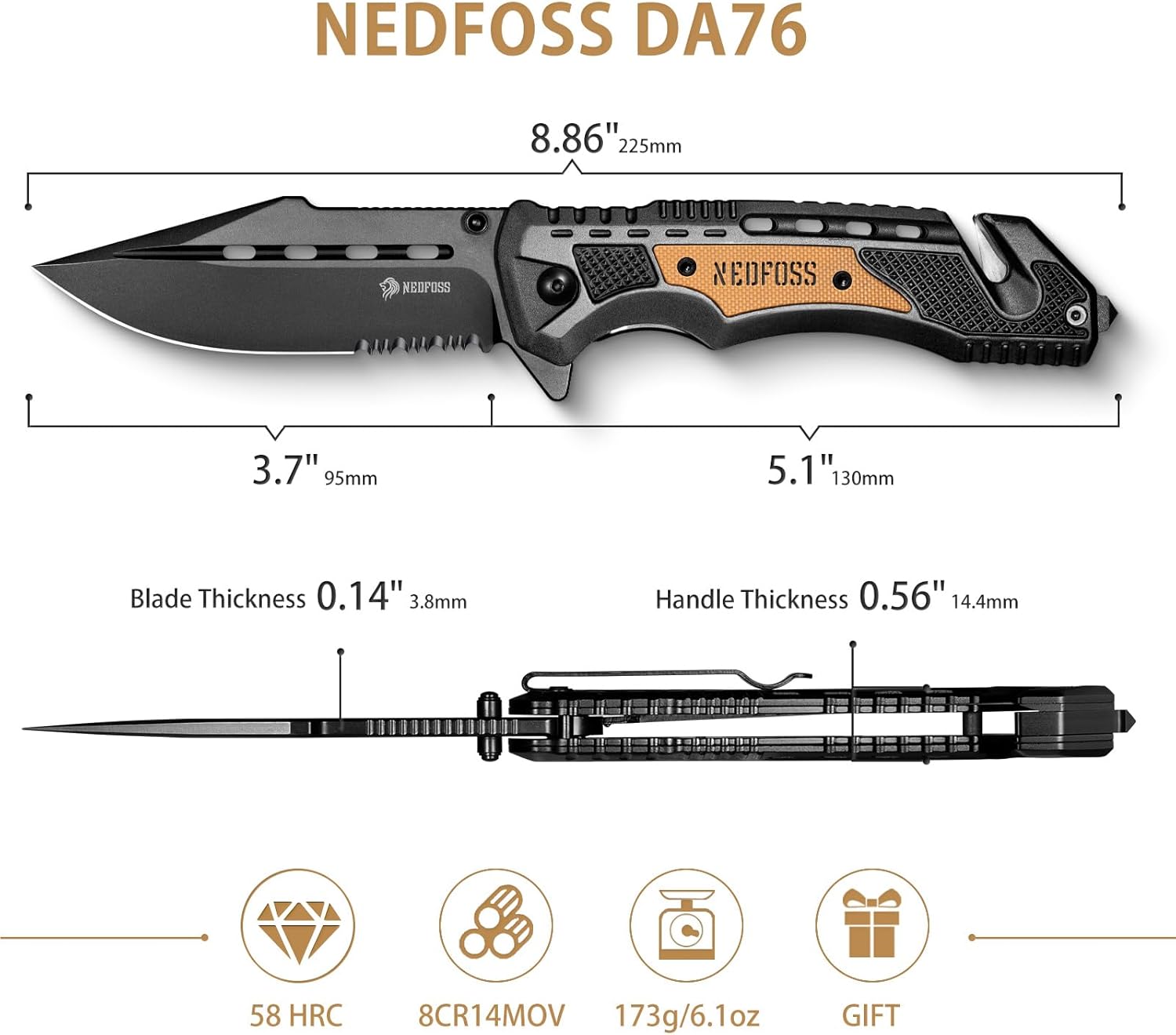 NedFoss Pocket Knife DA76, 3-in-1 Pocket Knife for Men Box Cutter, 3.7“ 8Cr14MoV Serrated Blade Folding Hunting Survival Knife with Liner-Lock Seat Belt Cutter & Glass Breaker,Tacical Knife for Camping, Outdoor, Ideal Gifts for Men Women (Serrated Edge)