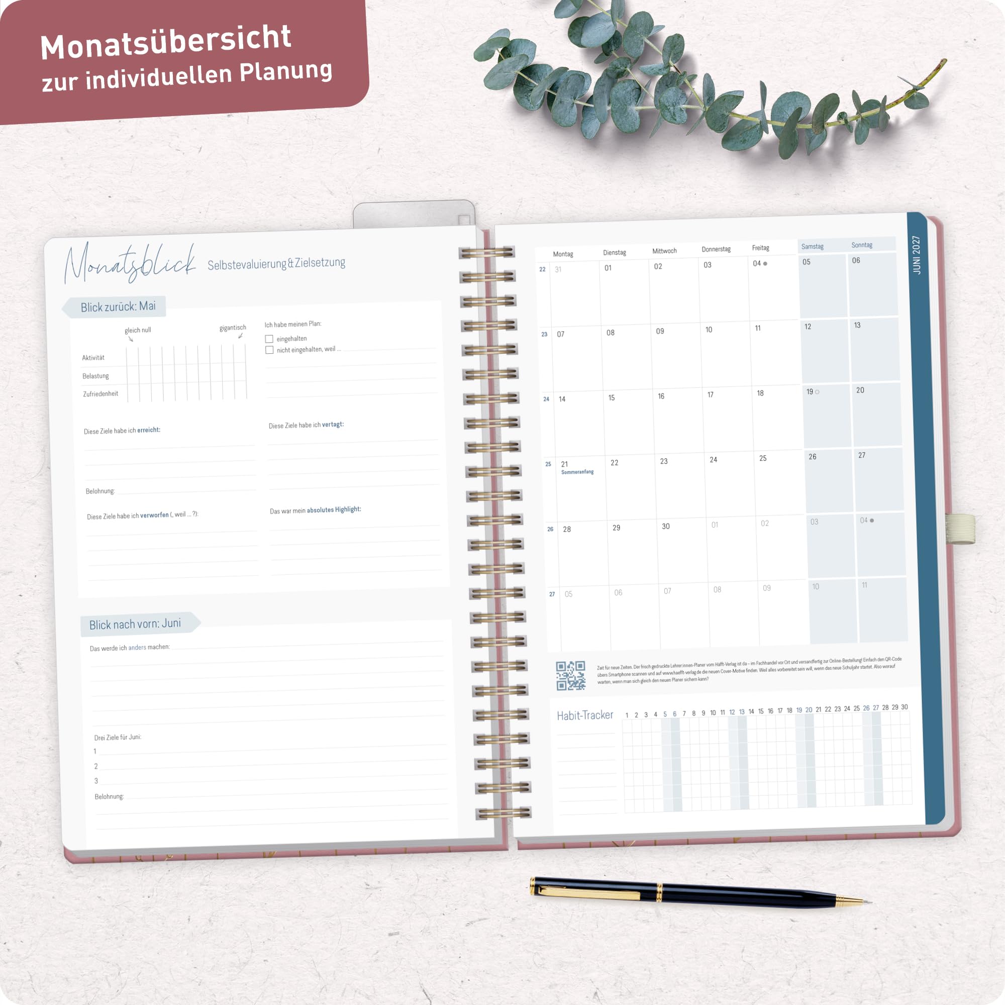 Häfft® Lehrerplaner 2026/2027 A4+ Deluxe - Großer Lehrerkalender & Schulplaner 26/27 mit Kunstleder-Einband & Spiralbindung "Fine Flowers" für Grundschule, weiterführende Schulen & Referendariat