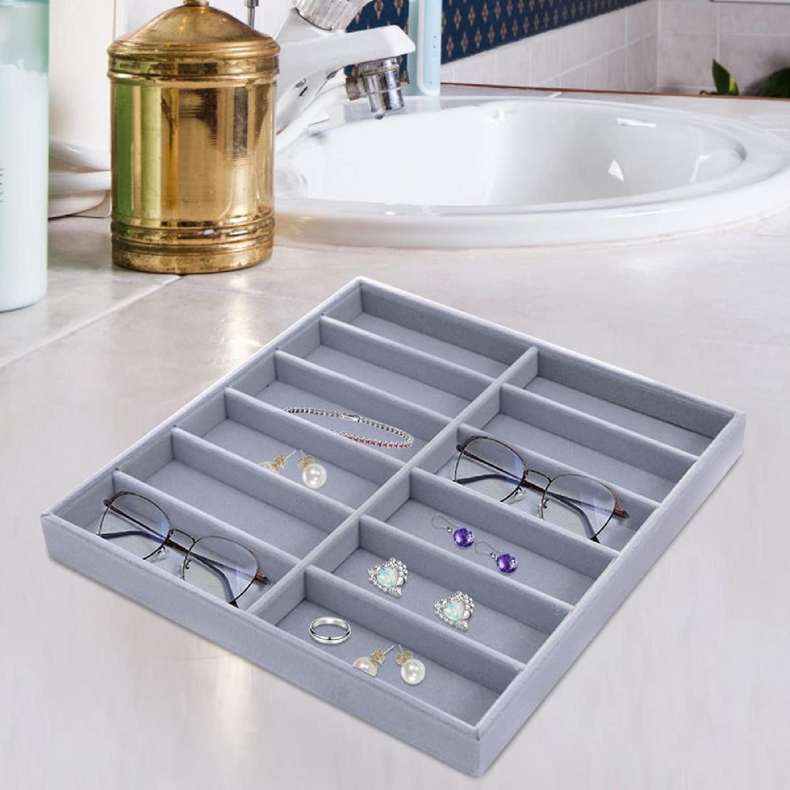 Tiiyee Organizador de Gafas, Organizador Gafas Caja 12Rejillas para Gafas Sol Bandeja Exhibición Terciopelo Las Lentes Clasificación Sol la Almacenamiento Colección Joyas