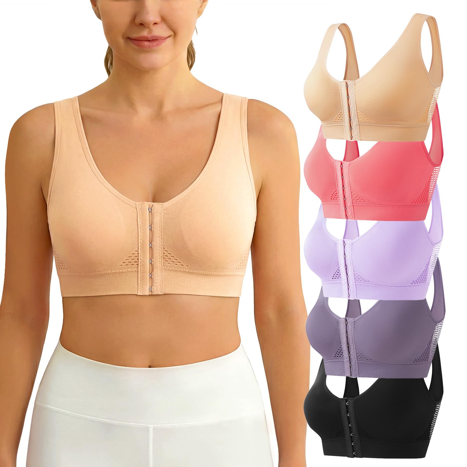 5-Pack Front Closure Bras Set Breathable Mastectomy Post Surgery Wireless Mesh Bra for Women-image-13