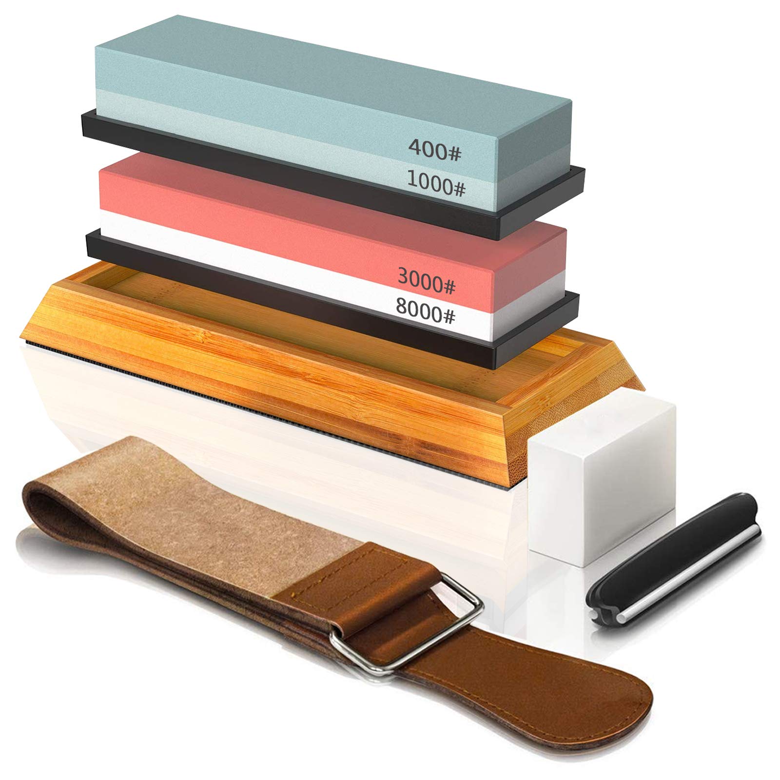 BRITOR Knife Sharpening Stone, Whetstones 400/1000 3000/8000 Grit, Includes Flattening Stone, Bamboo Base 2 Nonslip Rubber Bases, Angle Guide and Leather Strop Wet Stones for Sharpening Knives