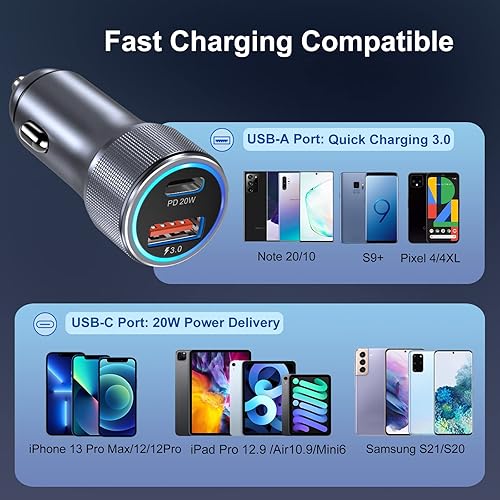 Miniatura 7 de Bangfun - Paquete de 5 cargadores USB C para automóvil, adaptador de cargador de coche dual USB de 36 W, carga rápida, PD&QC 3.0, cargador USB