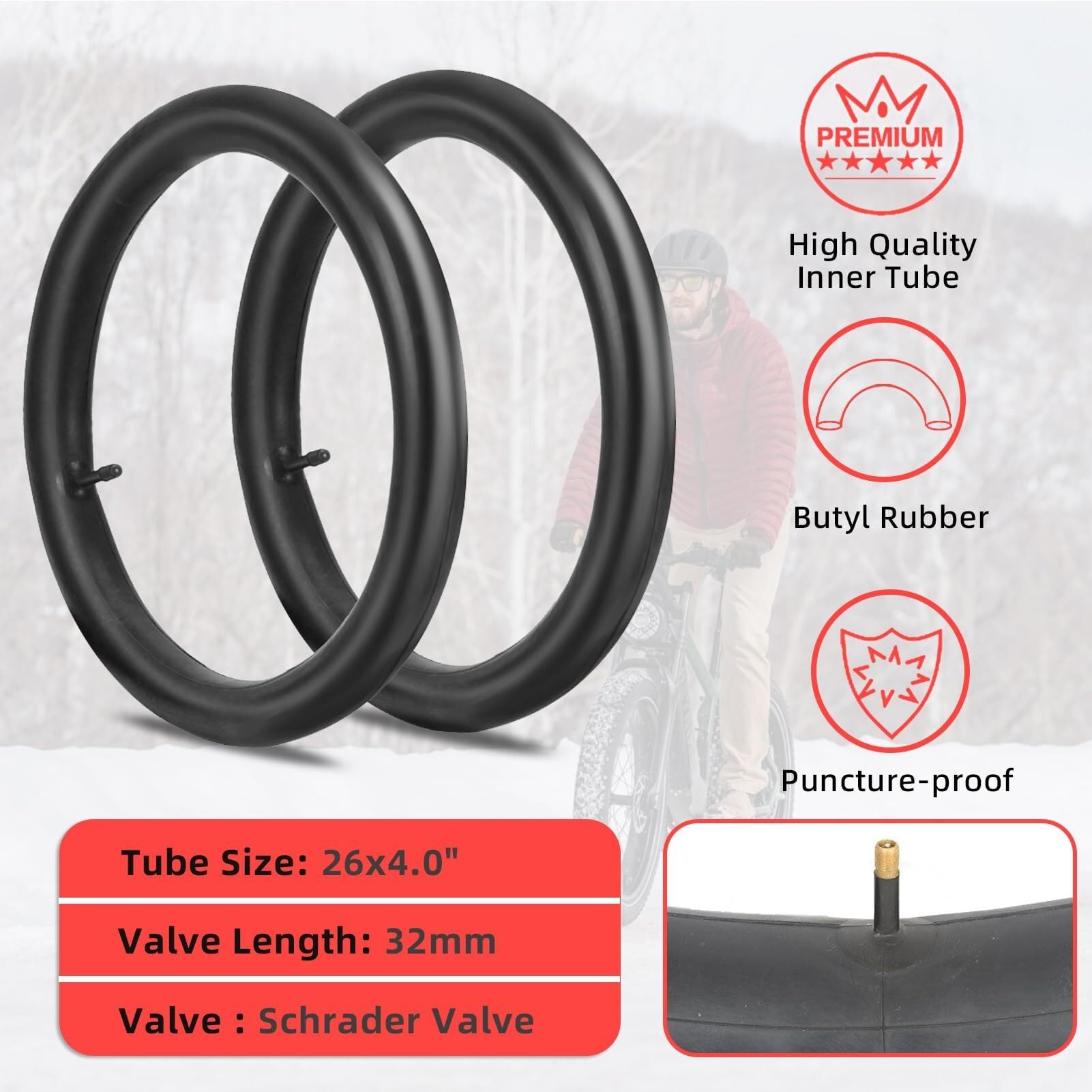 20x4.0 / 24x4.0 / 26x4.0 Opony do Fatbike’a z Dętką, Wytrzymały Zestaw Przeciwwykłuciu dla Rowerów Elektrycznych Górskich Śnieżnych Plażowych i Składanych(26x4.0 in)