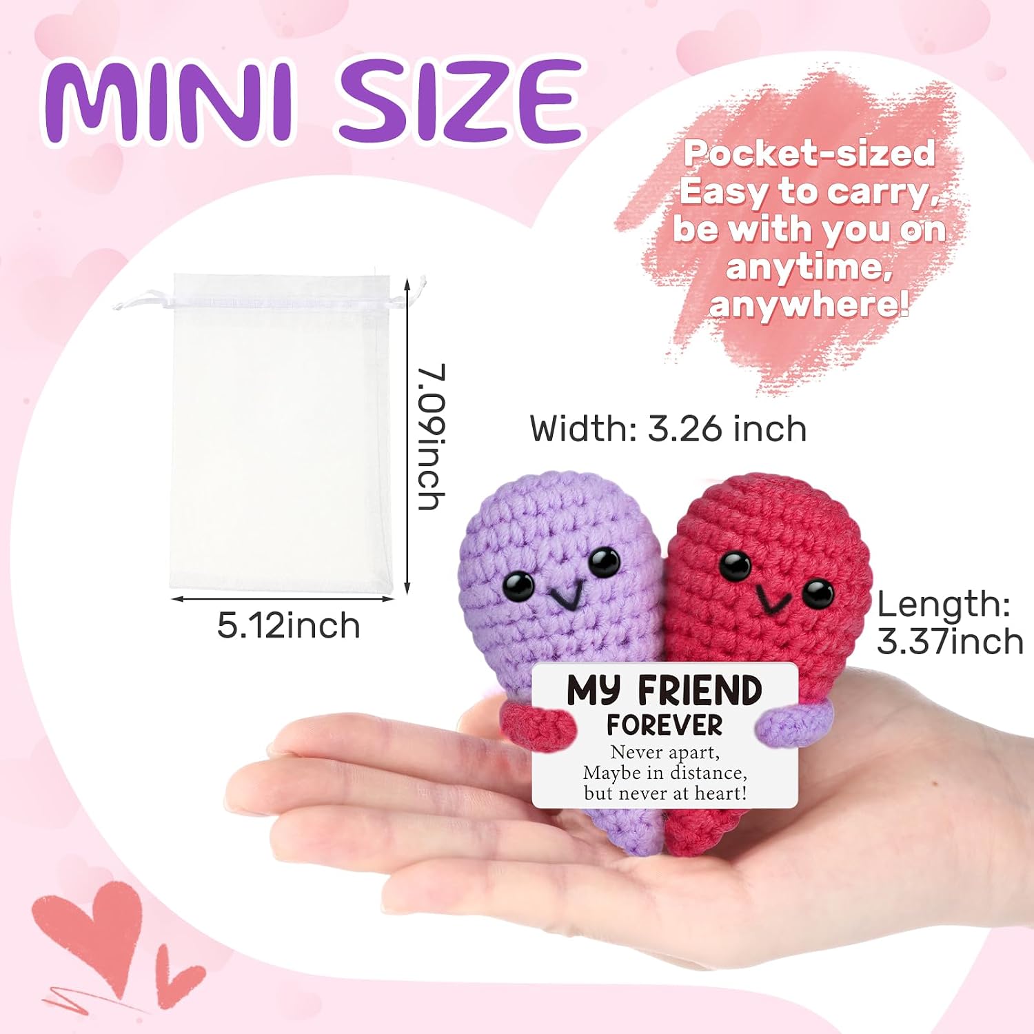 Soulchen 6 Pcs Friendship Gift for Women Long Distance Friendship Crochet Heart Best Friend Birthday Gifts White Elephant Present for Bestie BFF, Handmade Stuff Desk Decor(Red and Purple)