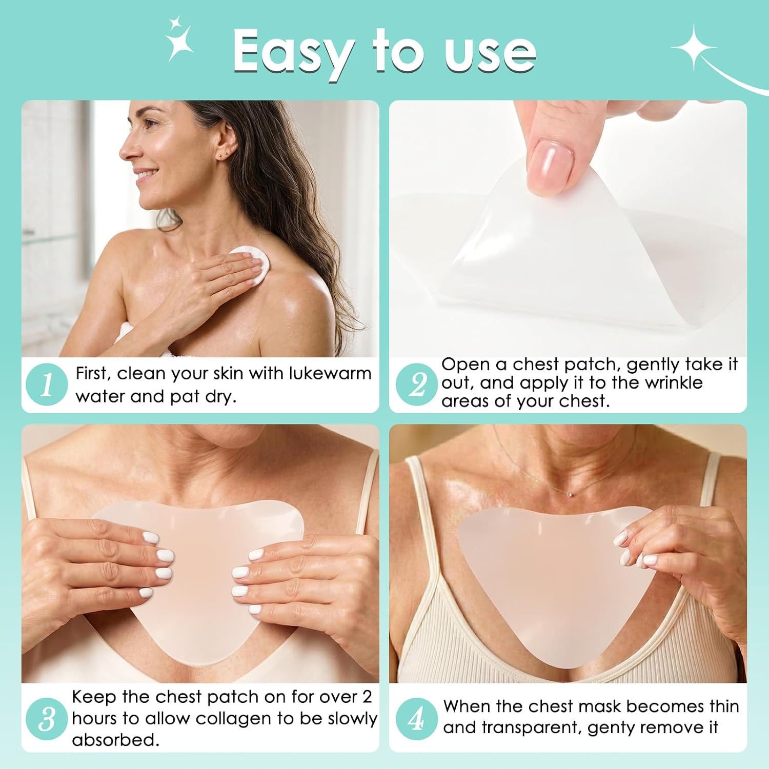 AUSLKA Collagen Chest Wrinkle Pads 5Pcs, Anti Wrinkle Chest Pads for Aging, Dullness and Sunspots on The Skin, Anti-Wrinkle Collagen Mask with Allantoin, Hydrolyzed Collagen Overnight Chest Pads