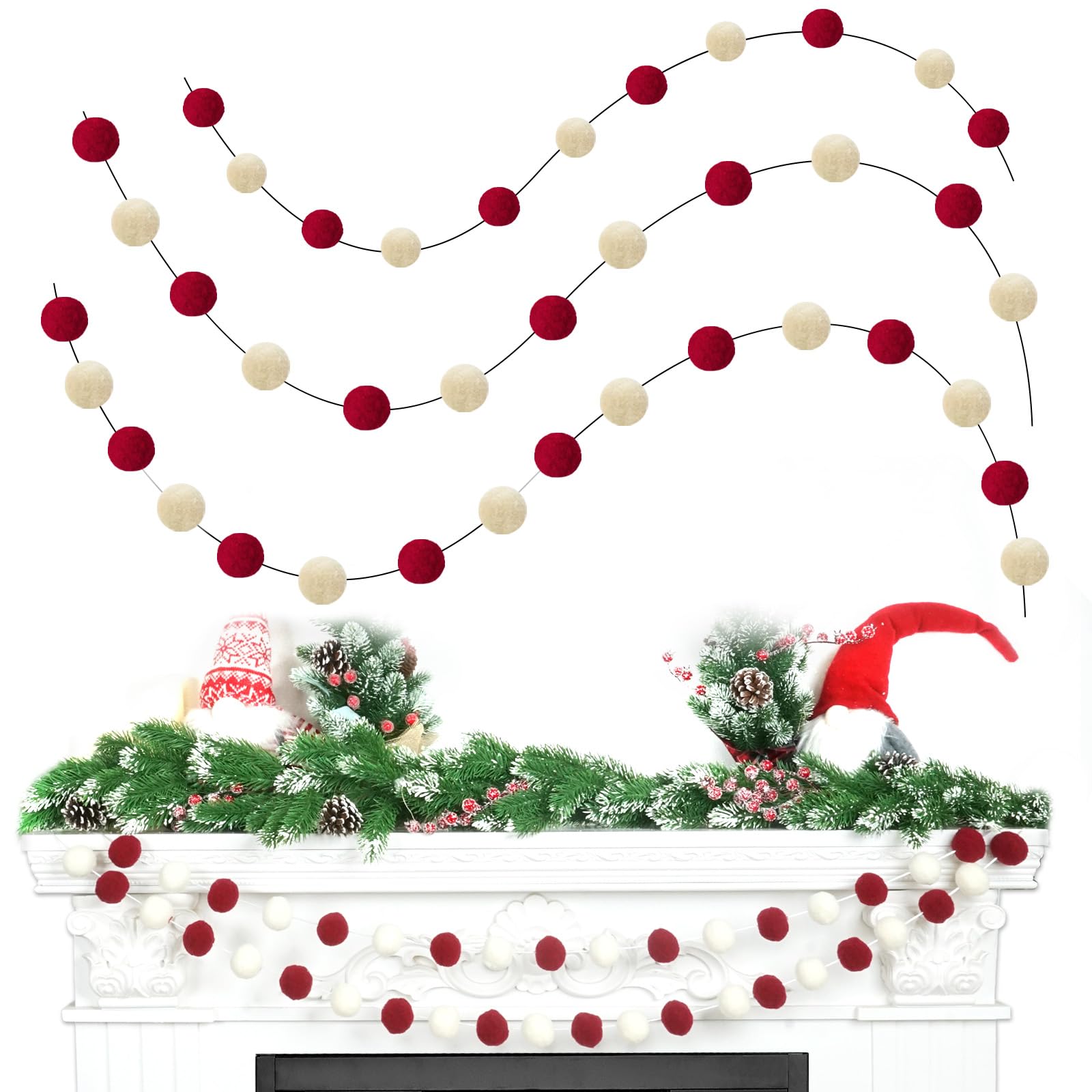 3pk Red Pom Pom Garland 20FT Colorful Large Felt Ball Garland for Mantle,Indoor Holiday Wedding Birthday Party Supplies